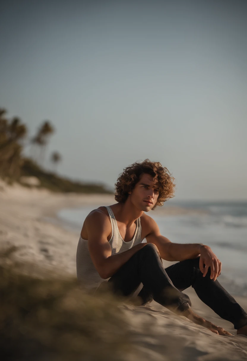 The enigmatic handsome male beach traveler 24 year old look - Immerse yourself in sensual shadows that highlights striking eyes and short, curly brown hair with blond highlights. The mastery of light and shadow adds depth to its masculine aspect in this dramatic composition... Captured with a Fujifilm GFX 100S and a Fujinon GF 63mm f/2.Objectif 8 R WR --ar 9:16 --s 350 --c 10 --style brut