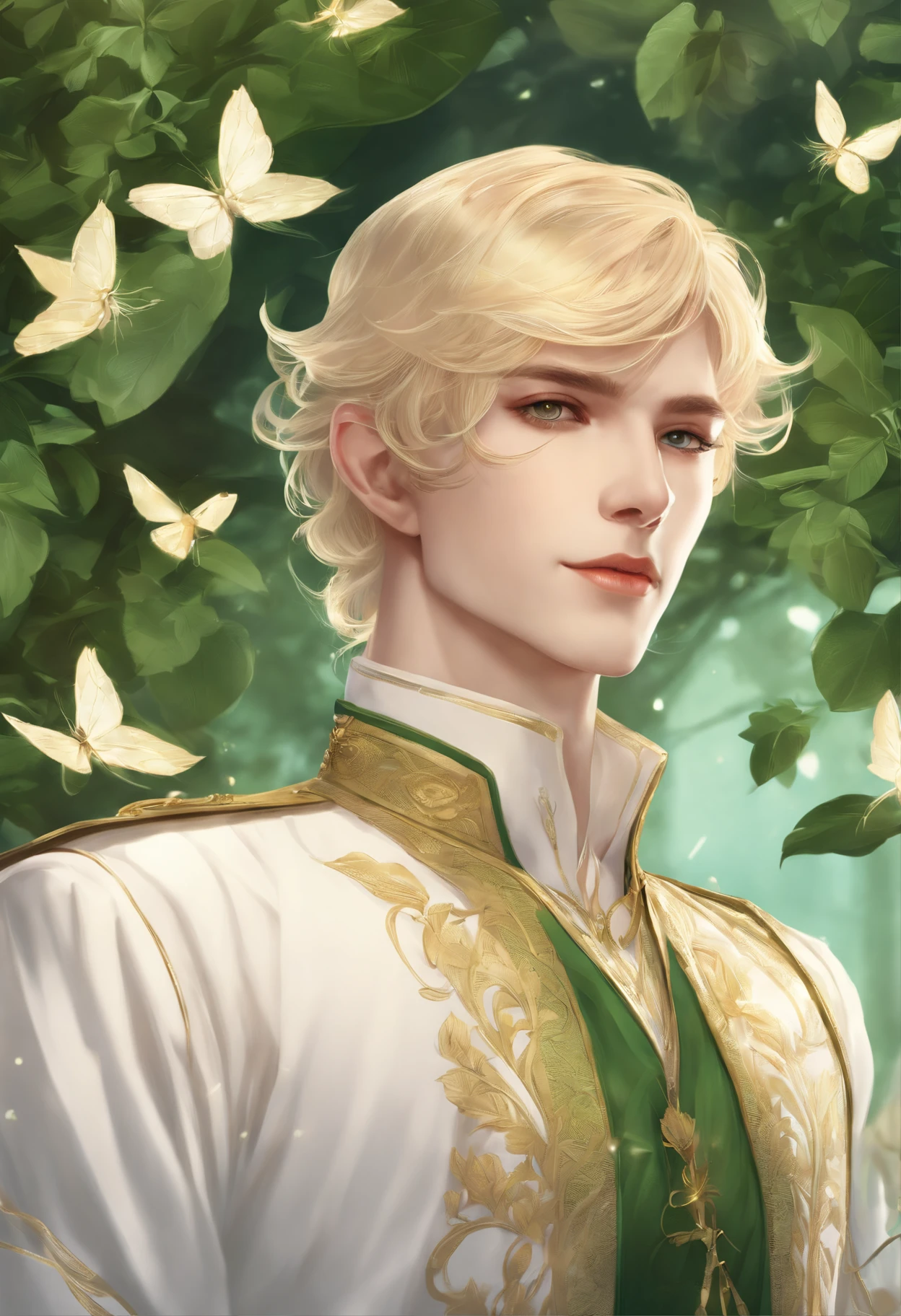 anime, flat vector art, {stunning male fairy elf}, Luminous Studio graphics engine, goth Renaissance, long blonde hair, ethereal mint green irises, light skin, perfect and detailed angular sharp diamond shaped human face, gold, Ray tracing, full lips, {defined blonde eyebrows}, leaves, gold,green glitter, luxurious forest detailed background, green uniform, (1guy), sharp focus, perfect anatomy, extremely detailed illustration, approaching perfection, dynamic, intricate details, ultra high definition, 8k resolution, glamour, glimmer, ethereal, {art by Ayami Kojima}, {art by Heise}, artstation, aesthetic, gothic, Lace, concept art, smooth, dreamy, backlit, fantastical, shadows, smooth, illustration, androgynous
