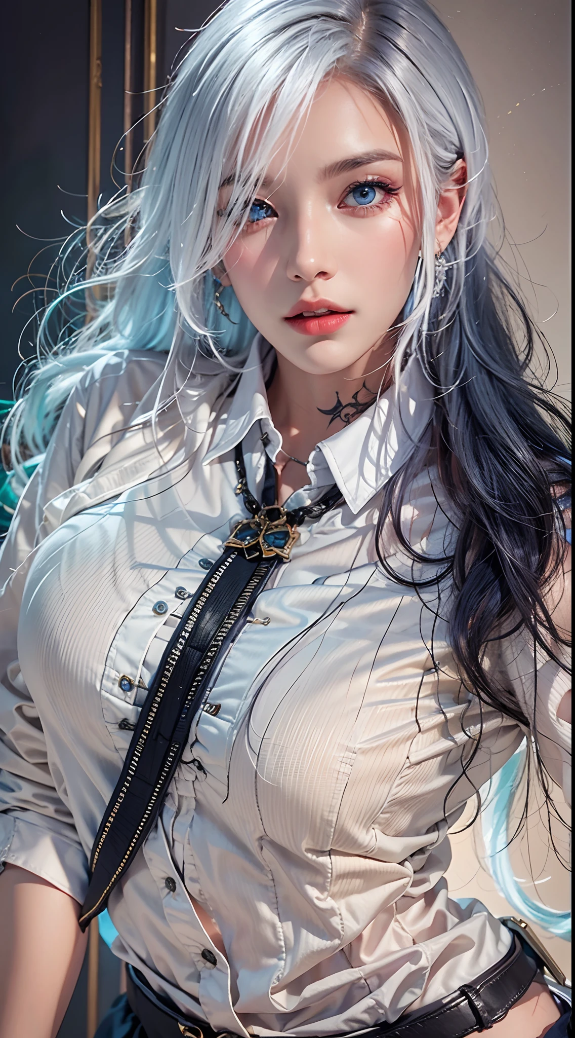 photorealistic, high resolution, soft lights, 1women, 25 years old, solo, hips up, blue eyes, white hair, long hair, secretary costume, shirt, skirt, hips up, jewelry, tattoo