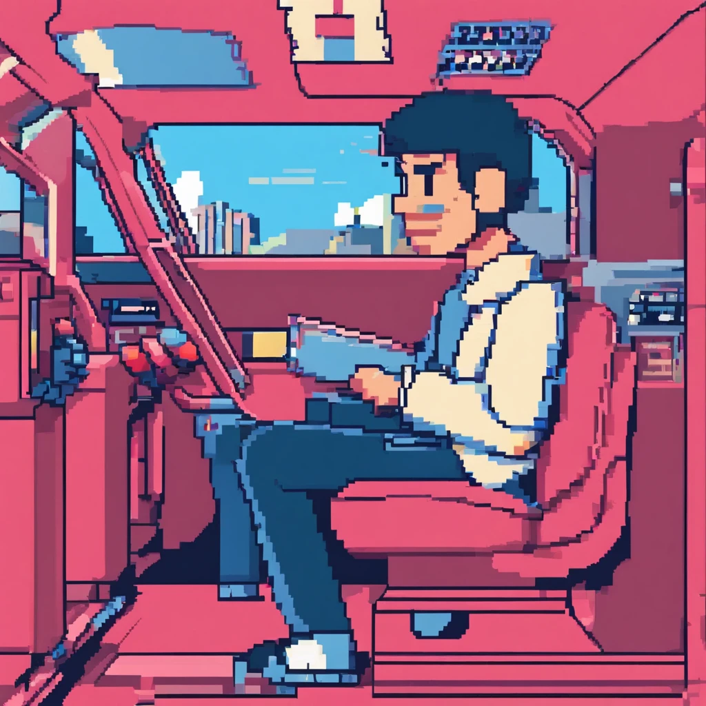 Take a picture of a young man sitting in a back seat with a notebook,Blue, red, pink, base tone,