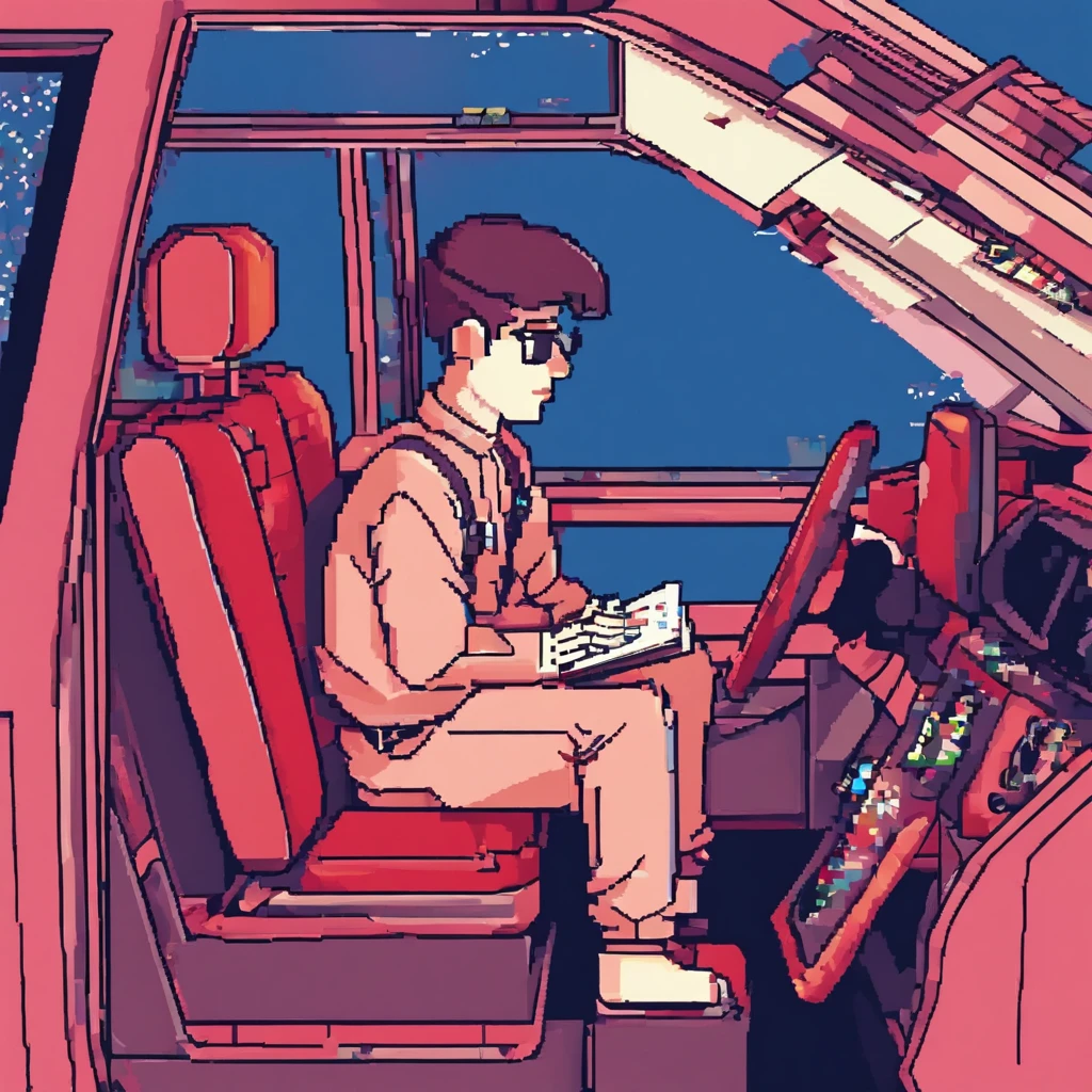 Take a picture of a young man sitting in a back seat with a notebook,Blue, red, pink, base tone,