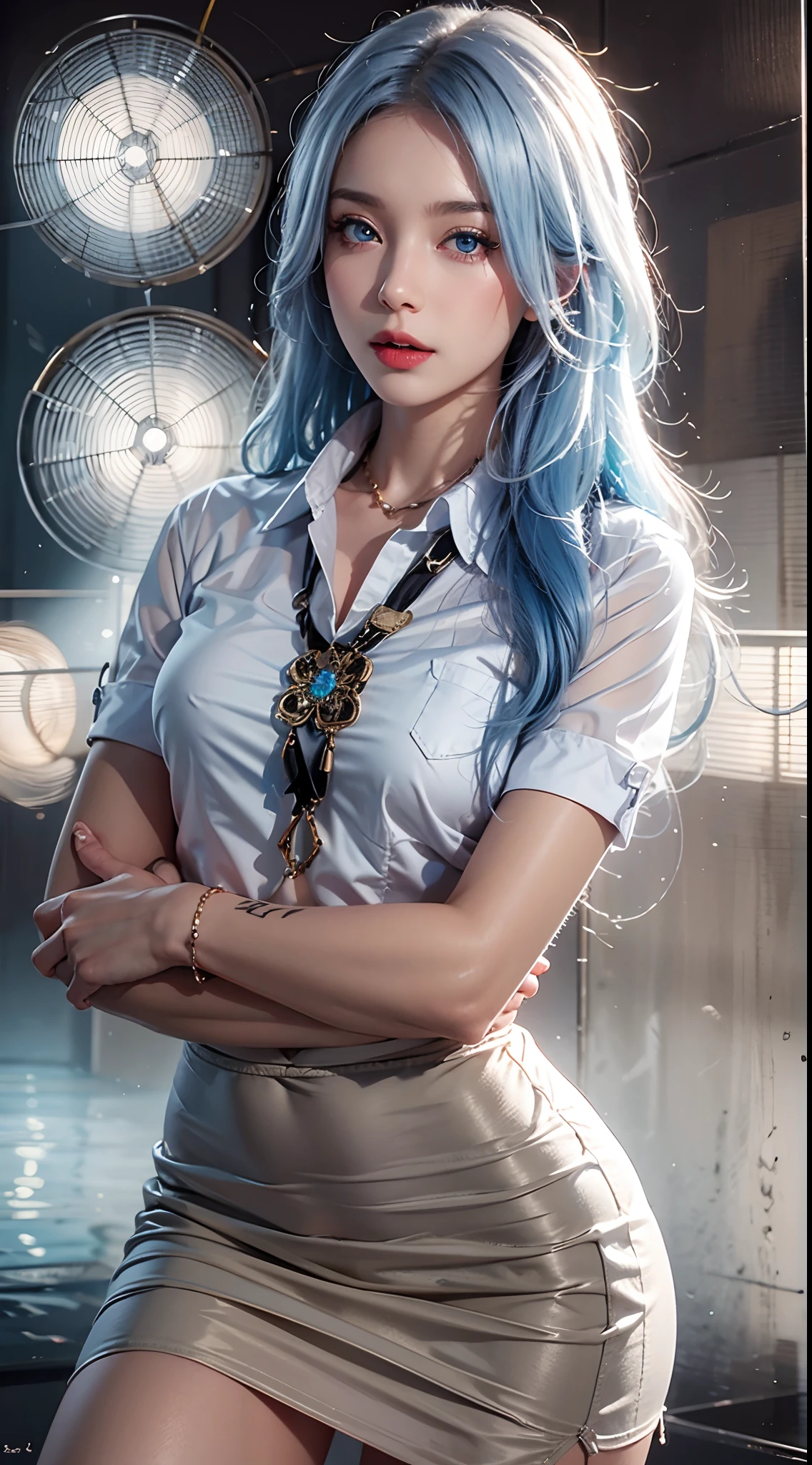 photorealistic, high resolution, soft lights, 1women, 25 years old, solo, hips up, blue eyes, white hair, long hair, secretary costume, shirt, skirt, hips up, jewelry, tattoo