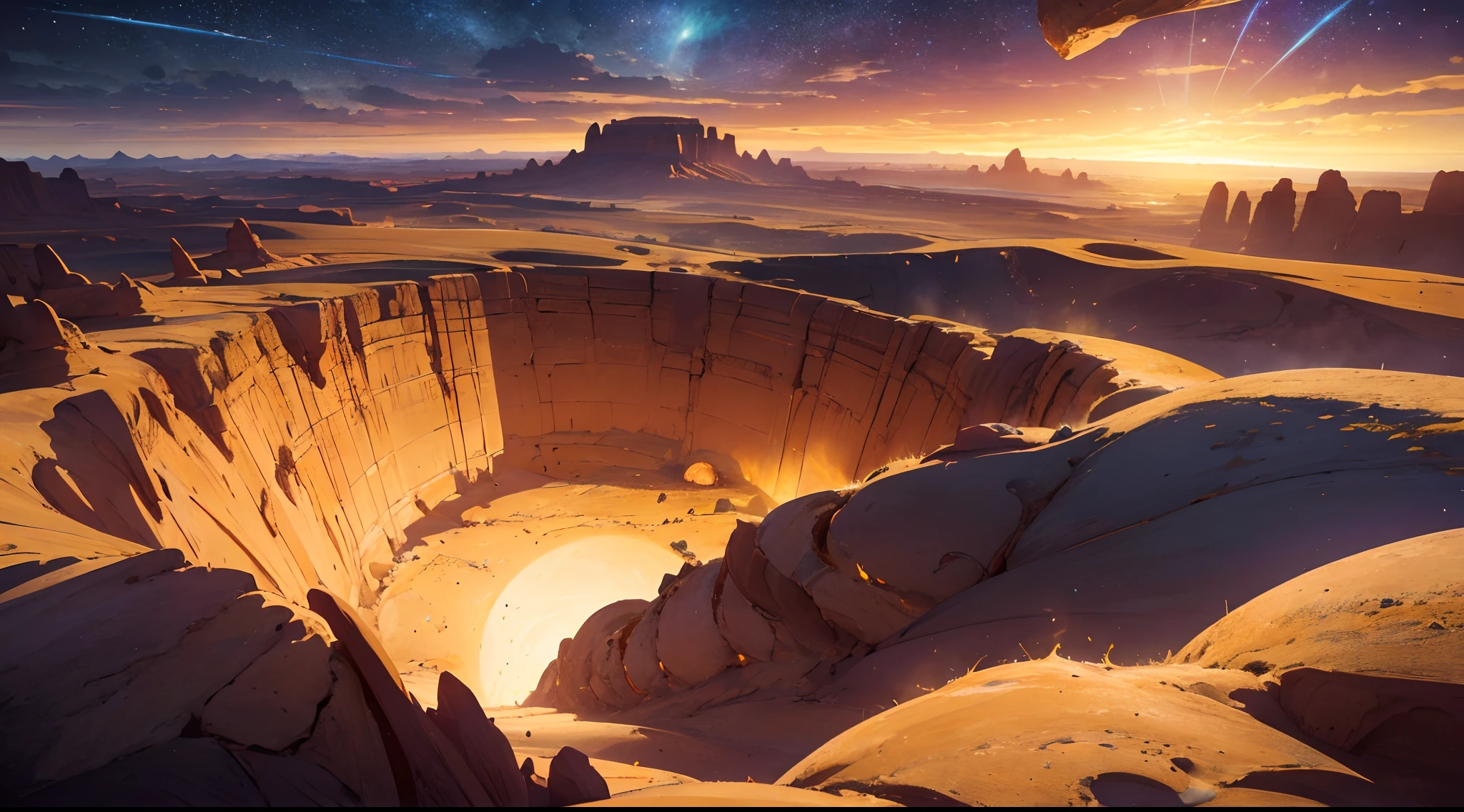 A vast desert landscape stretches endlessly with pillars of golden sandstone rising ominously from the ground, their intricate carvings seeming to come alive. A mysterious glowing orb hovers above, casting an ethereal light on the scene. In the distance, a breathtaking vortex of luminous energy and swirling colors engulfs the horizon, pulling the surreal realm further into abstraction.