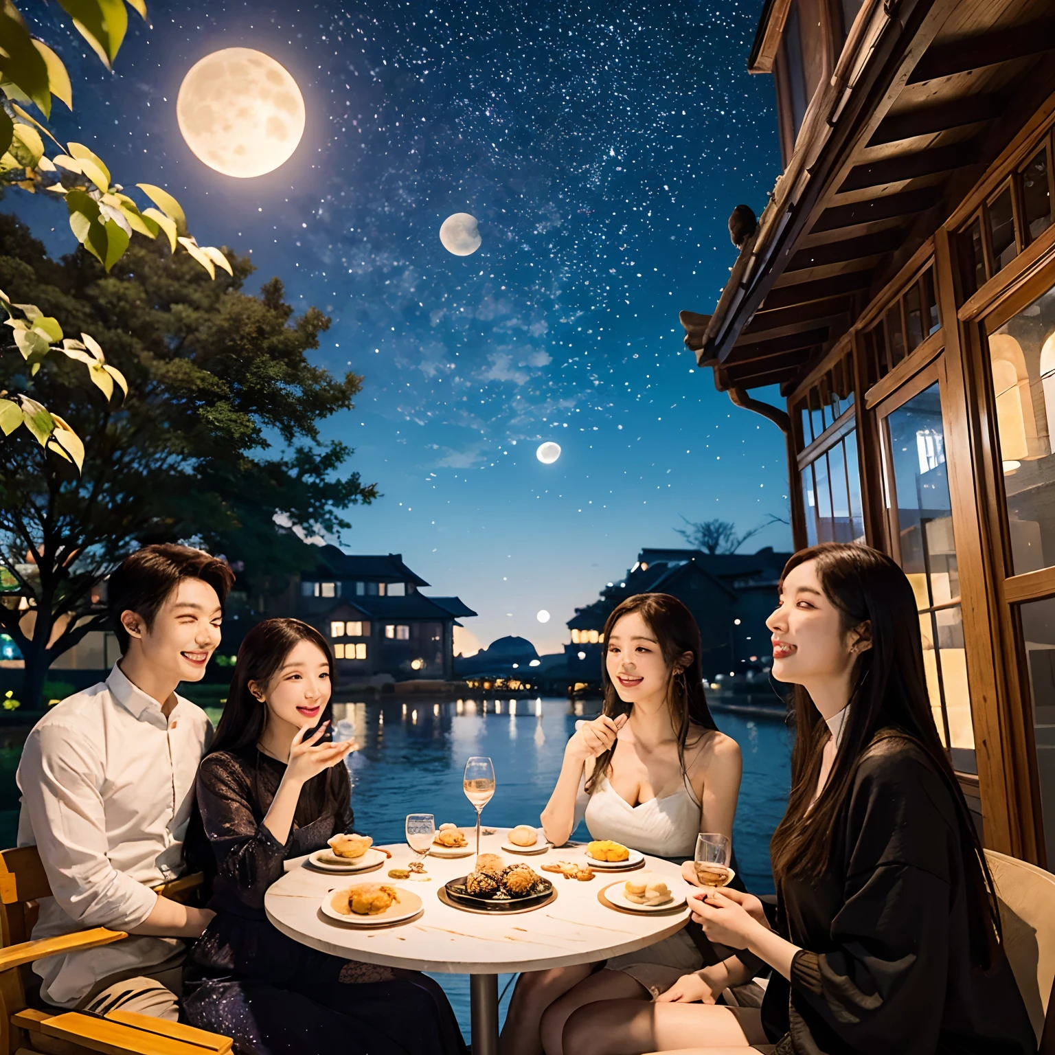 The Mid-Autumn Moon Viewing painting depicts the courtyard，The table was filled with delicacies and mooncakes。Moonlight is like water on the picture，Creates a warm atmosphere。The characters look up at the sky，Admire the bright moon，Full of happiness and expectation，Let people feel the joy of watching the moon in the Mid-Autumn Festival and the warmth of reunion。