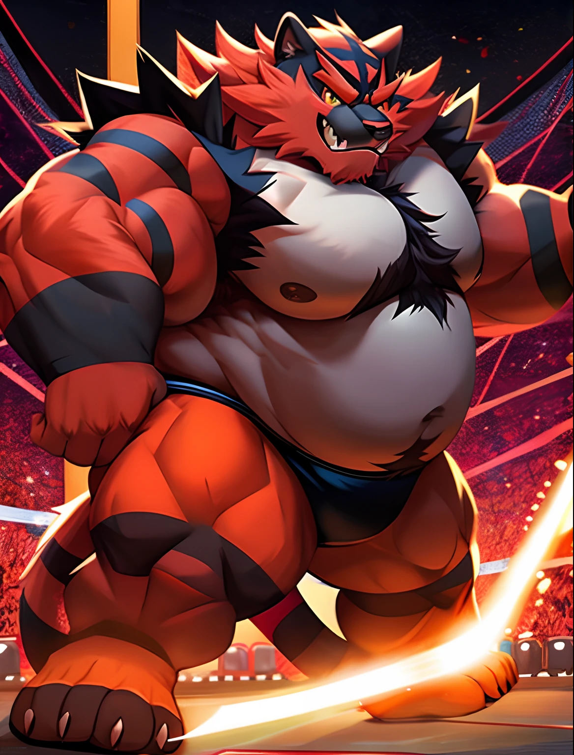 Correct body proportions，Fat minora，potbelly， male people， （Beautiful texture） 独奏， wildness， A detailed， A high resolution， style of photography， tmasterpiece， best qualtiy，High quality background，Elaborate Eyes，nakeness，Overweight patriarch，Incineroar ，ring，wrestle