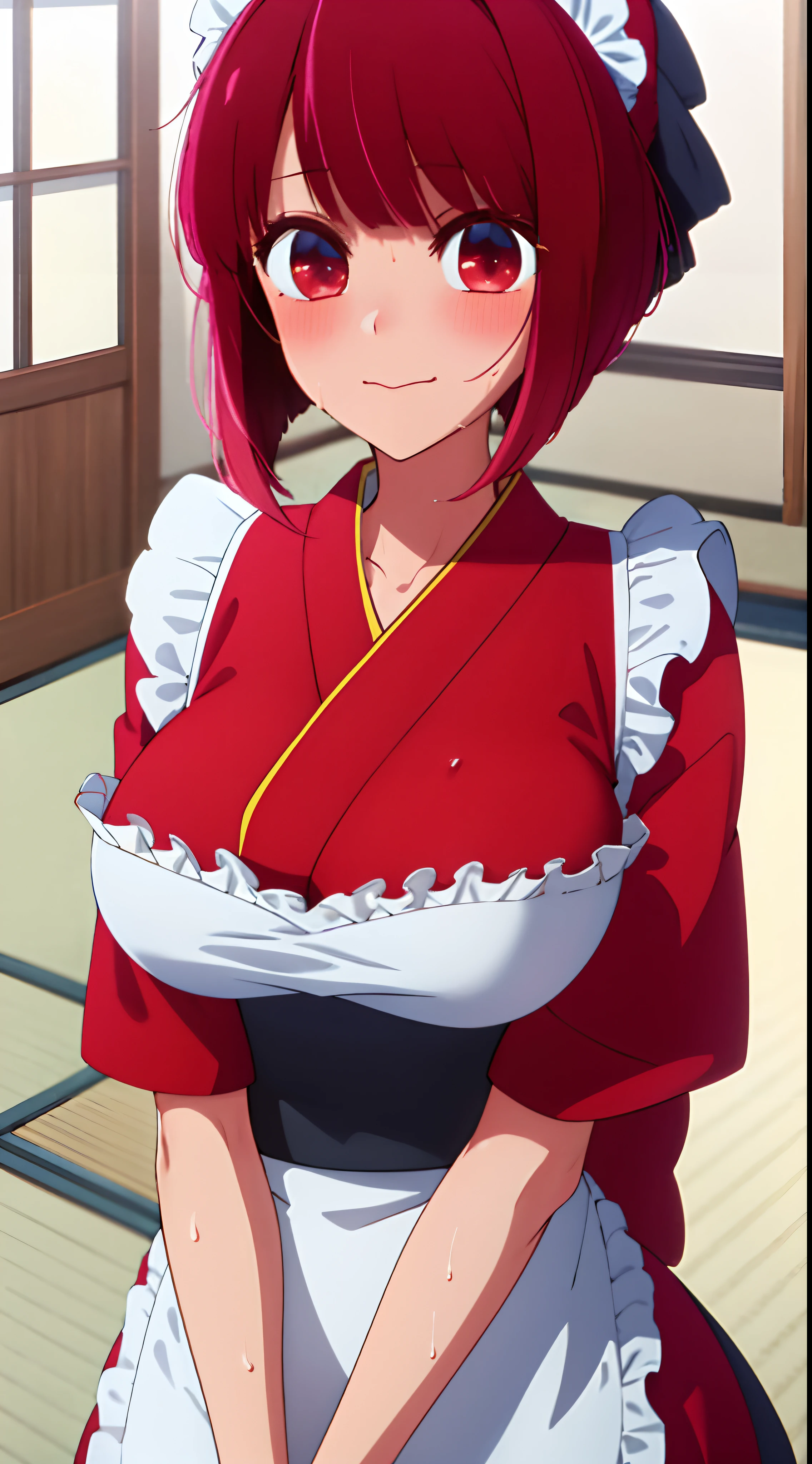 masterpiece, best quality, HD, 4K, Ultra-high resolution, Extreme Detail, Super detailed,beautiful eyes, beautiful hair, Beautiful side, beautiful skin, reality, Arima Kana, Redhead,short hair, red eyes, big breasts,Semi- ,maid kimono, arms in front spread arms,ahegao, blush, sweat, Charming smile, Close-up, Look at the viewer