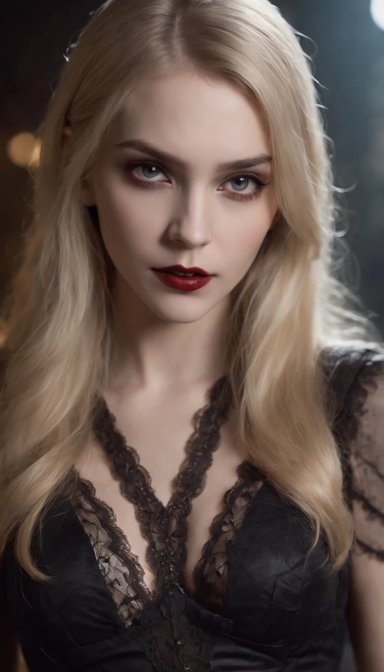 Photorealistic portrait of a vampire girl, She has long blonde hair, A girl, standing at full height in the dark, She is wearing a black short dress with a plunging neckline, Black openwork stockings, black high heels, Detailed Face, dark makeup, seductive gaze, ( Sexy) the pose, Shows fangs, Blood runs down his lips, bright glowing eyes
