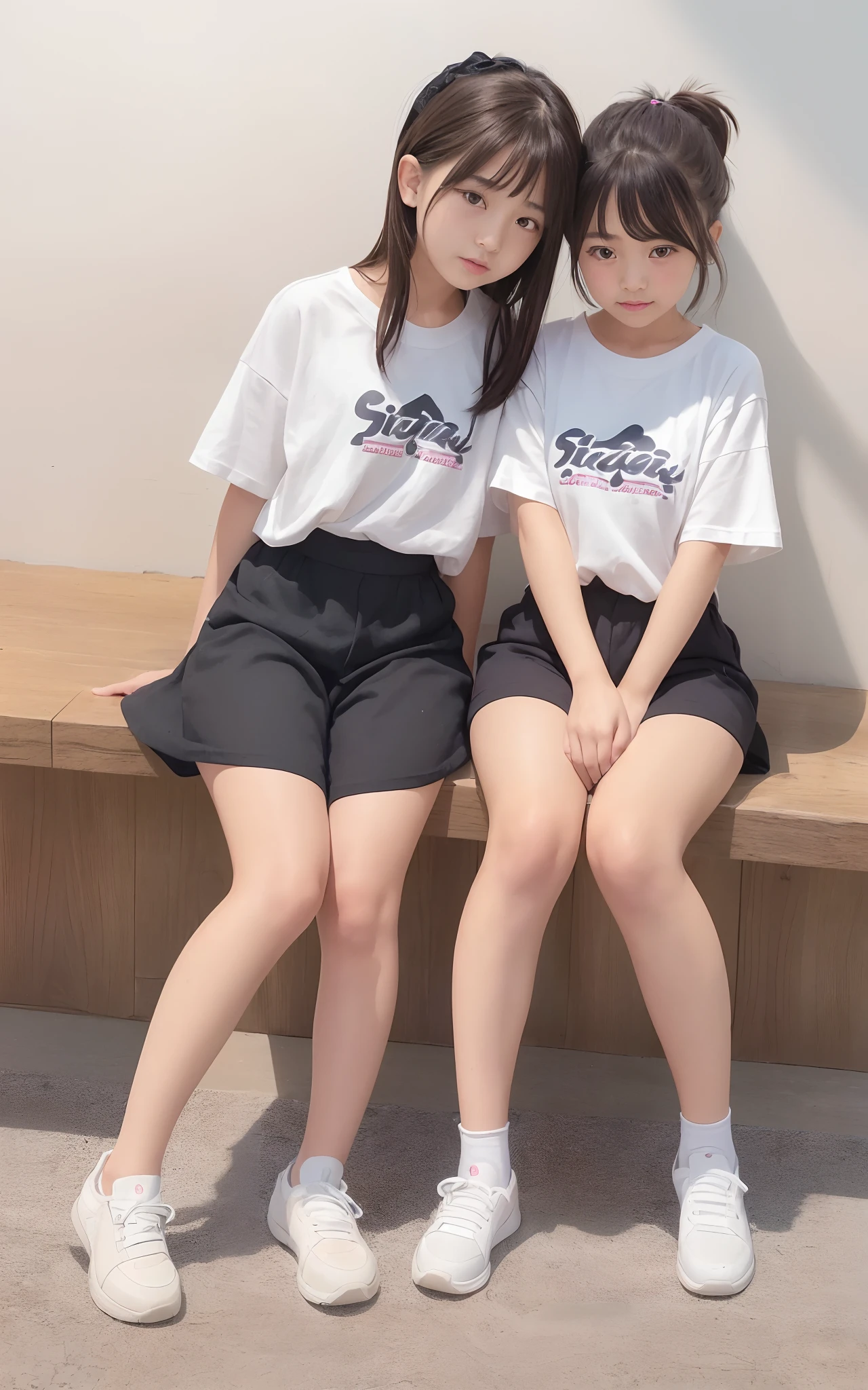 (2girls same age:1.2) , couple focus, adorable,   japanese girls, small face,  shirt, trousers, hair black hair,  cheek-to-cheek, sitting next to each other on the floor, (knees up:1.4)  ,  feet focus,  (smile:0.7), hair Scrunchie,  (high saturation:1.0), best quality, ultra highres, photo realistic, ultra detailed, 8k, raw photo