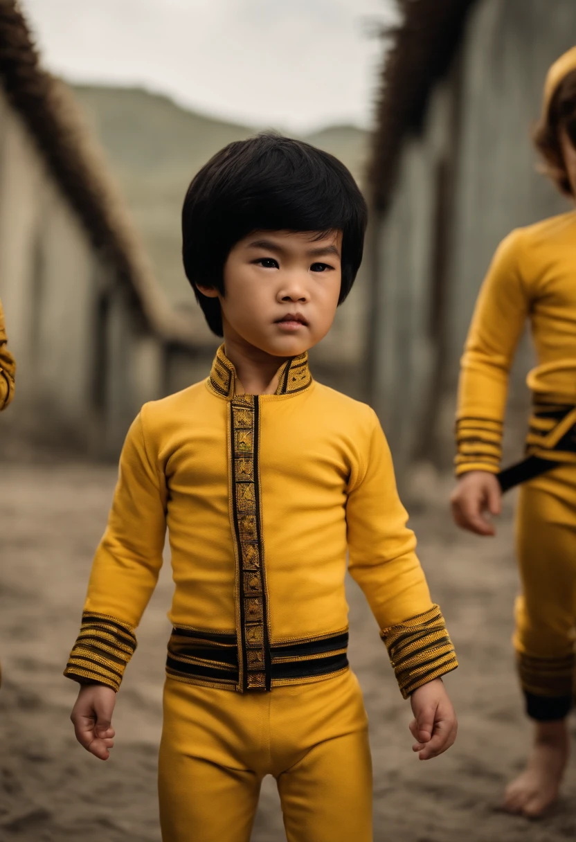 Create a Bruce Lee，Baby's body proportions，Wearing clothes from the movie Death Games，Yellow with black stripes