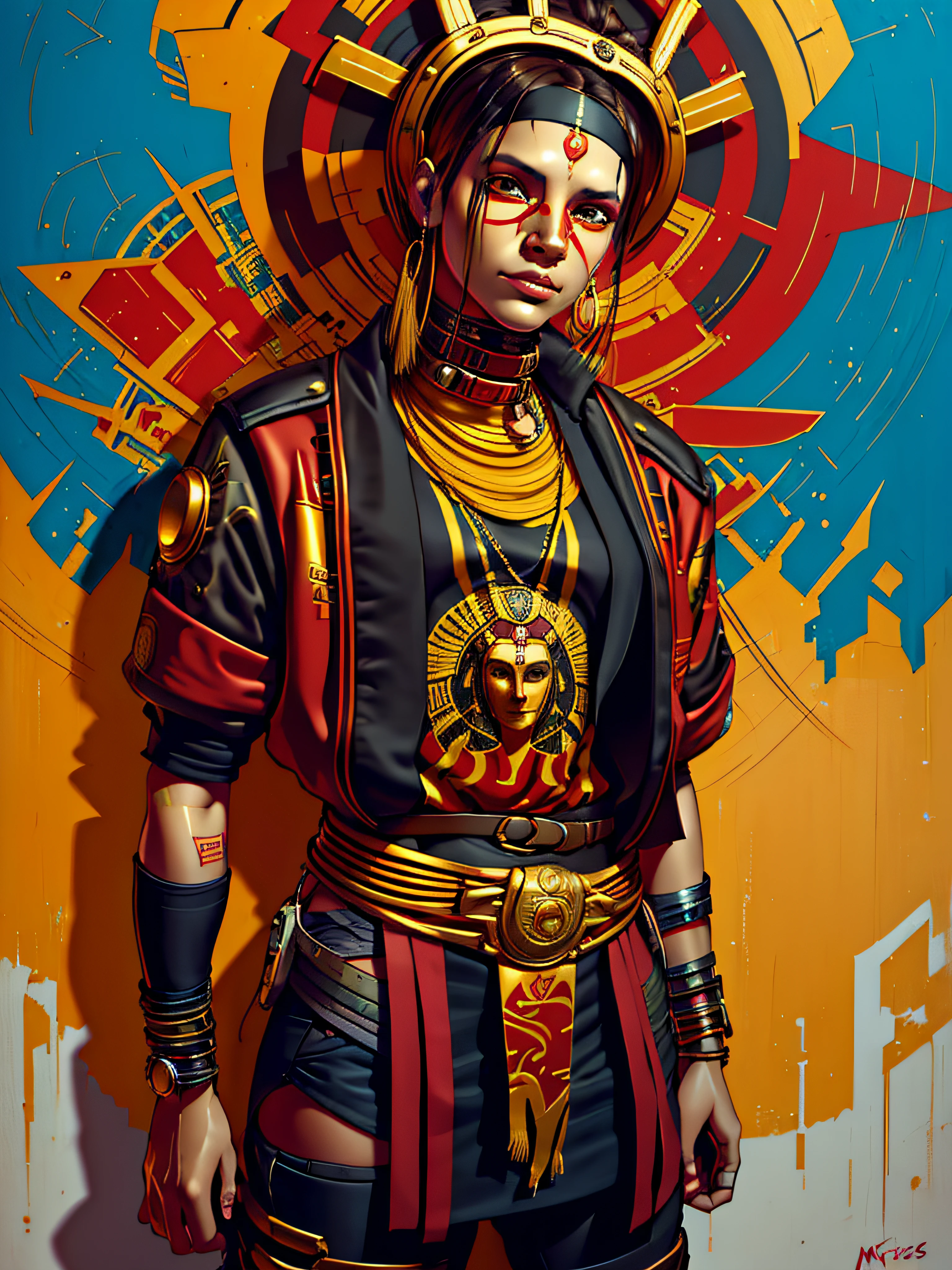 In the style of cyberpunk futurism, Inca influence, etam cru, RED and gold, michael creese, steelpunk, michael hussar, Inca wall backgrond