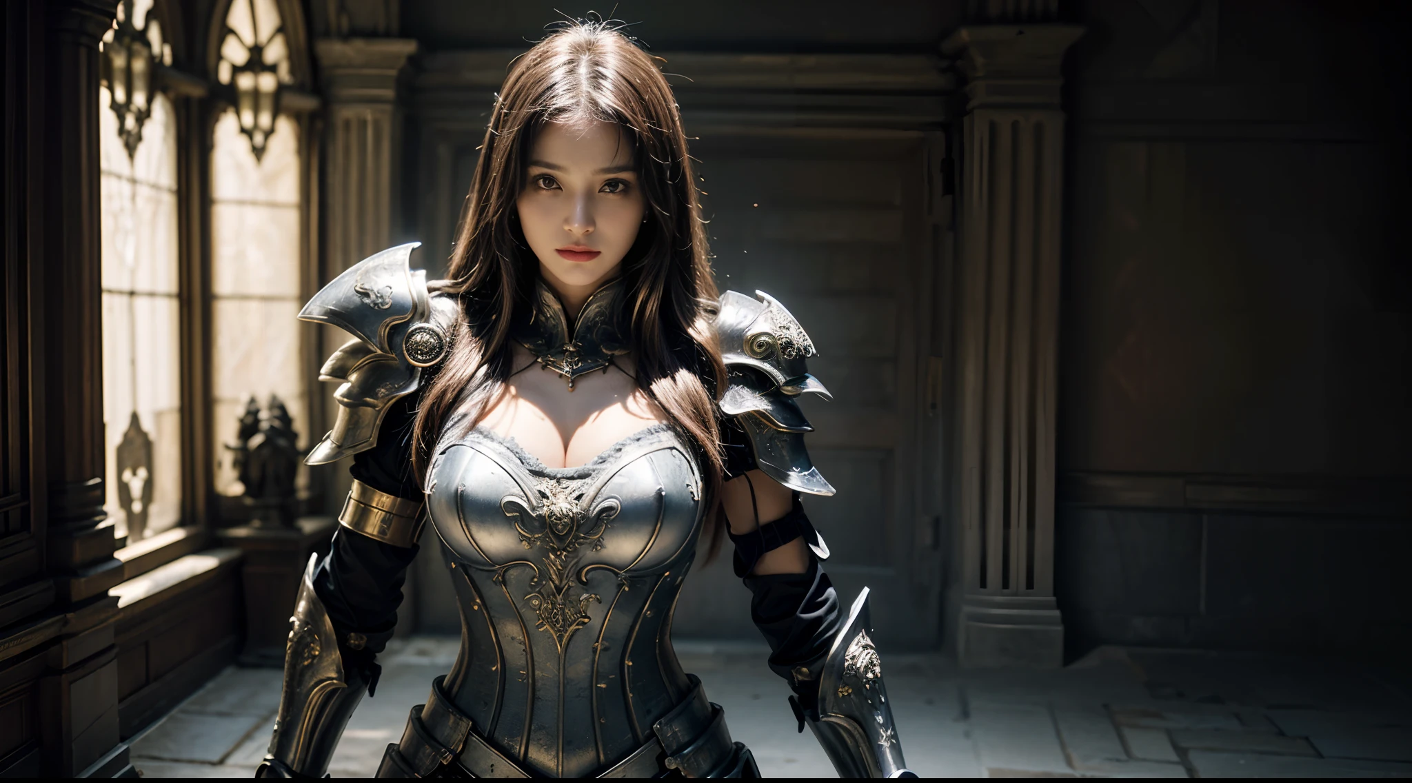 tmasterpiece,top-quality,best qualityer,((photorealestic:1.9)),(femele:1.4),(Large breasts),warrioress,Heavy armor,complex patterns,The background is the castle,dramatics,(magia:1.8),(Glowing sword:1.5),Mysterious symbol