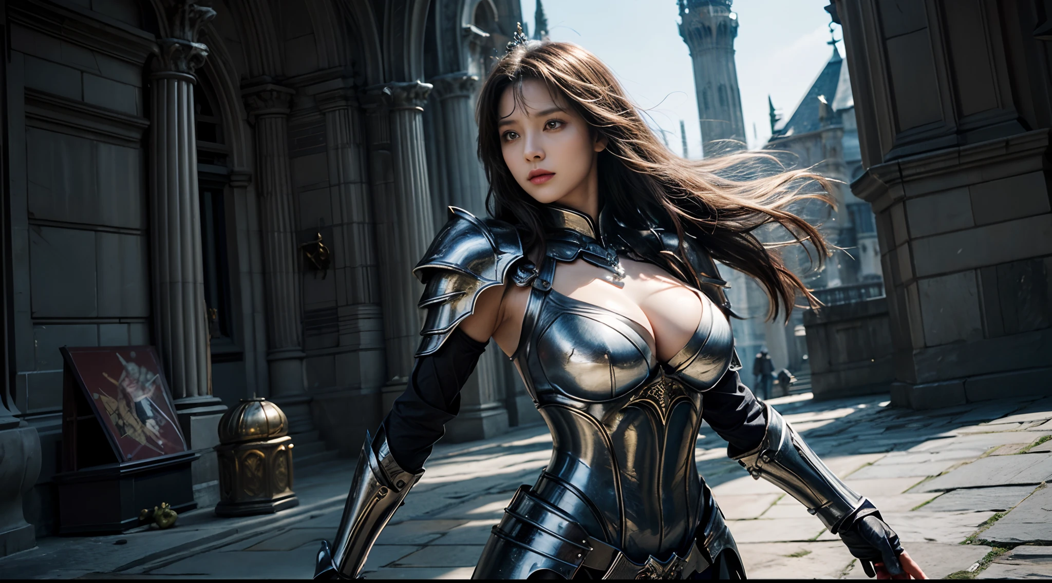 tmasterpiece,top-quality,best qualityer,((photorealestic:1.9)),(femele:1.4),(Large breasts),warrioress,Heavy armor,complex patterns,The background is the castle,dramatics,(magia:1.8),(Glowing sword:1.5),Mysterious symbol