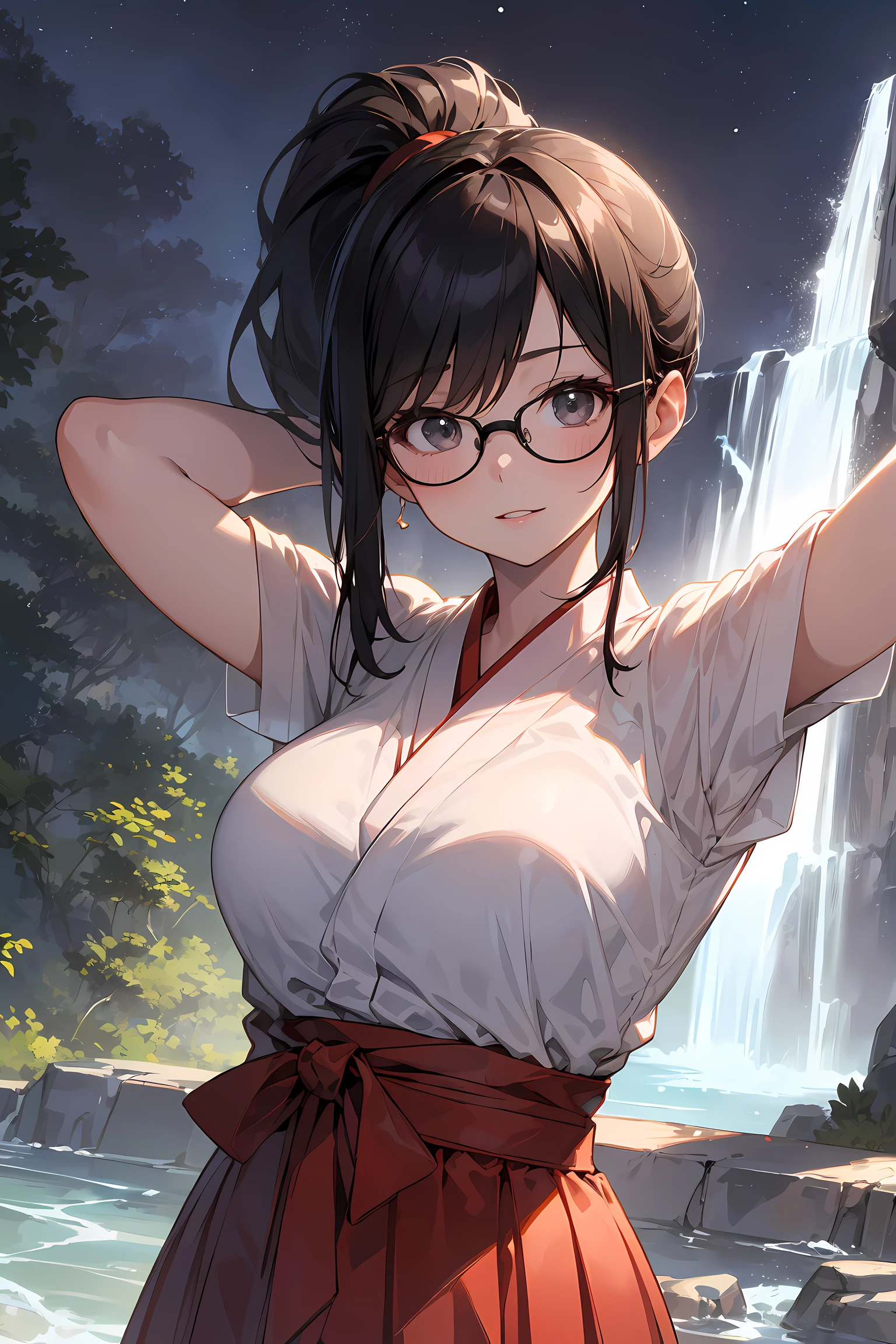 (Go inside the waterfall:1.3), high resolution, Photo of a beautiful woman detailed_face, young handsome girl,realistic:0.5, perfect skin, (wearing a glasses:1.5), from behind:1.5, (ultra-detailed background, detailed background), bokeh, make happy expressions, happy emotion, gorgeous,pure, beautyfull detailed face and eyes,breasts, (black eyes:1.1), (a extremely pretty and beautiful Japanese woman), (sexy girl), (professional attire:1.3), (22 years old: 1.1), BREAK, (lovely outfit:1.2), (detailed miko outfit:1.2), (white dogi:1.2), (red hakama:1.2))), beautiful detailed skin, (cute:1.2), (black hair), ((jpop idol)), (upper thigh:0.6), (depth of field),soft light, Lens Glow looking at viewer, (Drooping eyes:1.2), straight teeth,smile, floating hair, (black hair:1.2), brown eyes BREAK movie scene, cinematic, full colors, 4k, 8k, 16k, RAW photo, masterpiece, professionally color graded, professional photography, high school girl, hair up, , soft clean focus, realistic lighting and shading, (an extremely delicate and beautiful art)1.3, elegant,active angle,dynamism pose BREAK (ponytail:1.3), (shiny-black thin hair:1.2), bangs, dark brown eyes, beautiful eyes, princess eyes, (big eyes:1.3), bangs, wearing a glasses:1.3, Hair between eyes, short hair:1.3, (slender:1.1), (medium-breasts:0.95), (thin waist: 1.15), (detailed beautiful girl: 1.4), Parted lips, Red lips, full-make-up face, (shiny skin), ((Perfect Female Body)), (upper body image:1.3), Perfect Anatomy, Perfect Proportions, (most beautiful Korean actress face:1.3, extremely cute and beautiful Japanese actress face:1.3), ,(1glasses girl:1.3, solo), ,(blush:1.1), gray background, solo focus, (bust shot:1.2), cinematic light, (nostalgic night scene:1.4), (waterfall:1.4), (moon light:1.3), (arms down:1.4), (looking at viewer:1.2), (in water:1.3), (under waterfall:1.3),