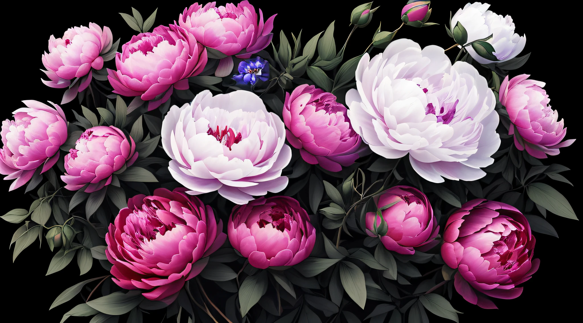 peonies on black background with colorful flowers, in the style of dark magenta and dark blue, dark teal and light red, sophie anderson, dark white and light magenta, dimitra milan, lush detailing, use of bright colors --ar 9:16 --v 5.1 --s 750