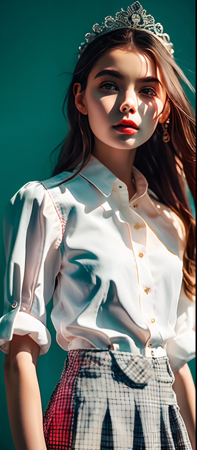 1girl, (masterpiece:1.1), (best quality:1.1), (white blouse:1.1), (checkered skirt:1.1), school uniform, high-waist skirt, BREAK [blue:pink:0.5] theme, (gradient background:1.1), cowboy shot, BREAK silver hair, long hair, , green eyes, intricate detailed tiara, looking to the side,