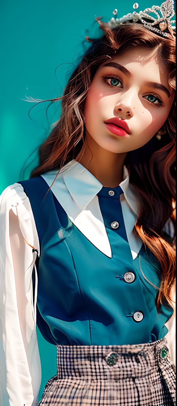 1girl, (masterpiece:1.1), (best quality:1.1), (white blouse:1.1), (checkered skirt:1.1), school uniform, high-waist skirt, BREAK [blue:pink:0.5] theme, (gradient background:1.1), cowboy shot, BREAK silver hair, long hair, , green eyes, intricate detailed tiara, looking to the side,