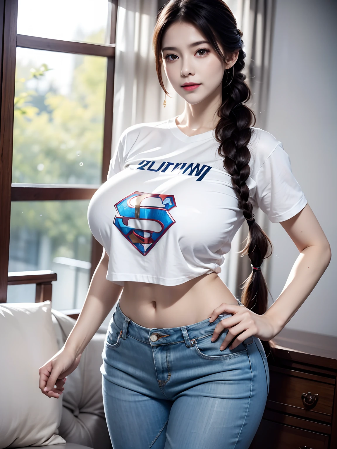 A pretty girl,Burly body,Cute temperament,long hair braid,partedbangs,ssmile,super gigantic breasts,Muscles throughout the body,Very thin waist,Abs,Extra-wide crotch,Huge ass,Huge hips,The legs are long,Wear a white short-sleeved T-shirt,Skinny white jeans