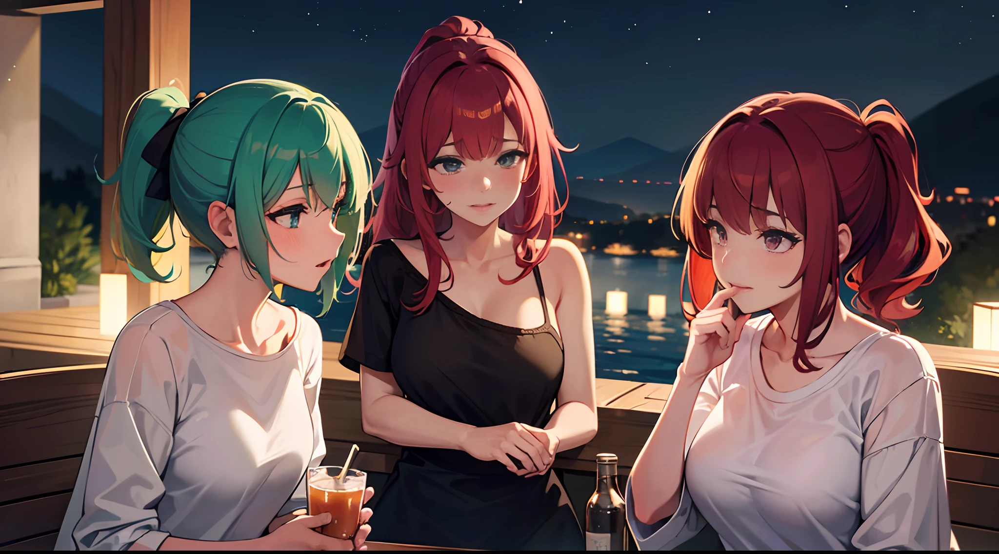 masterpiece, lots of detail, 4k, 8k, ((ultra-detailed)), highres, soft lighting, 3girls, campground, alcohol, drunk, blush, {red hair|green hair|black hair|blue hair}, {ponytail|short hair|long hair|curly hair}