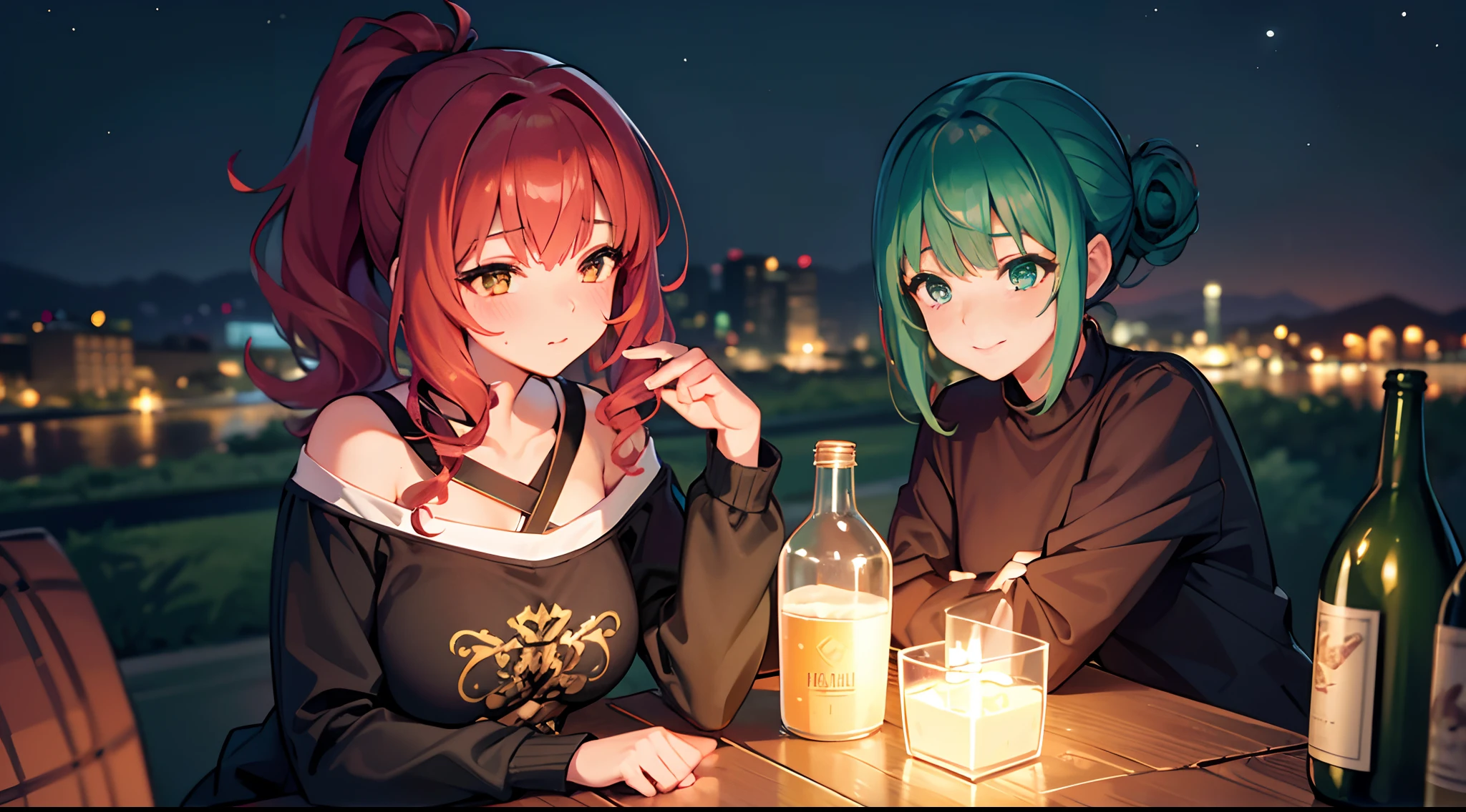 masterpiece, lots of detail, 4k, 8k, ((ultra-detailed)), highres, soft lighting, 2girls, casual outfit, night, stars, outside, binge drinking, alcohol bottle, drunk, blush, {red hair|green hair|black hair|blue hair}, {ponytail|short hair|long hair|curly hair}