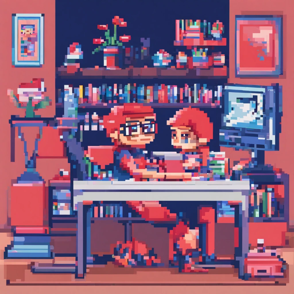 Small children working in front of a computer,wears glasses,Blue, red, pink, base tone,Sat in his own room