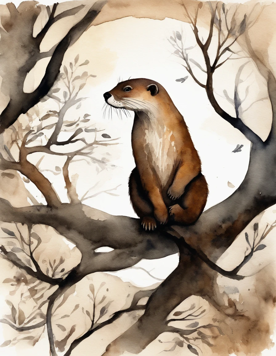 a tree, many branches, night sky, night, [moonlight], silhouette, masterpiece, best quality, ((panoramic view)), close upsilhouette of an otter looking at the camera