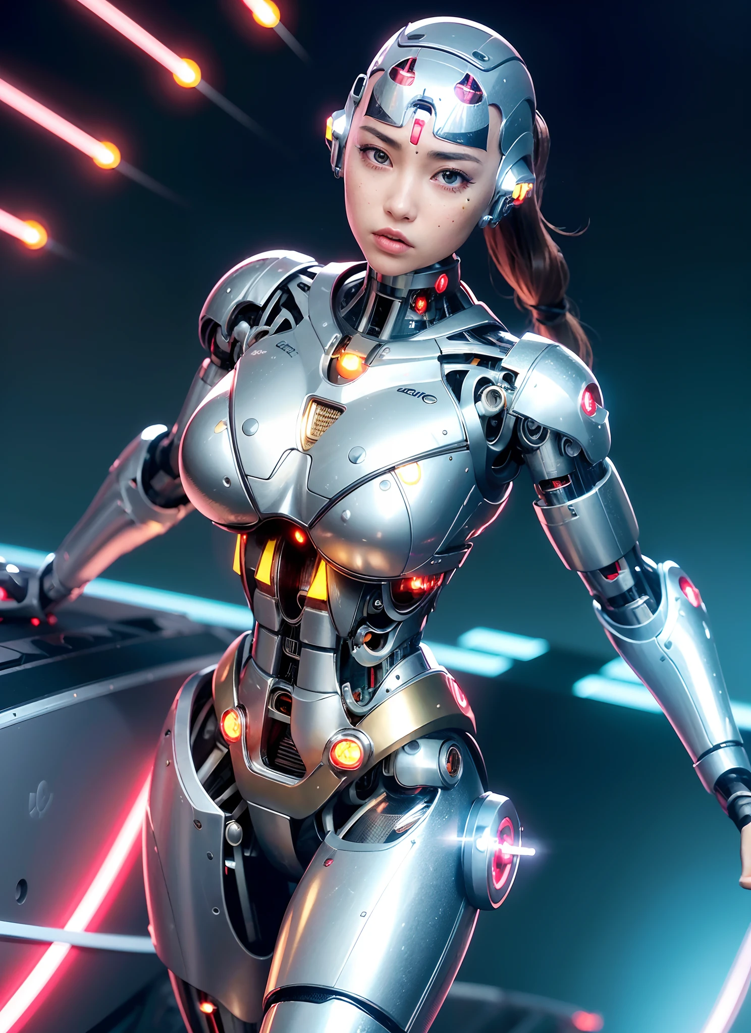 1girl, solo, Japanese girl, (((cyborg:1.4))), cyborg girl, cyborg armor, cyborg clothing, beautiful detailed eyes, finely detail, bright pupils, turquoise eyes, full body, large breasts:0.2, (((floating hair))), looking at viewer, pov, female focus, puffy eyes, short hair, bob hair, air bangs, dynamic pose, dynamic angle, close-up, fighting stance, fighting pose, run forward, running,(((golden metallic color | red metallic color | blue metallic color))),(((Metallic luster, metal reflective, mechanical details, extremely mechanical details, complex mechanical structure))), (((Mirrored Power Armor))), defeated, corpse, bleed, battlefield, mechanized background, giant robot in the background, outdoors, cinematic lighting, Cyberpunk world. Cyberpunk metropolis, neon, Sci-fi style, sfw:1.98,