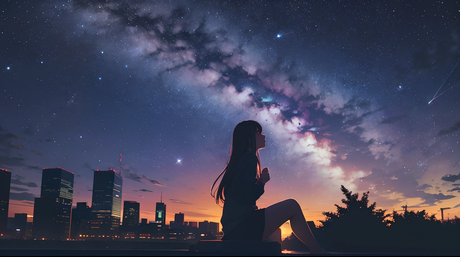 octans, sky, star (sky), scenery, starry sky, night, 1girl, night sky, solo, outdoors, building, cloud, milky way, sitting, tree, long hair, city, silhouette, cityscape --auto --s2