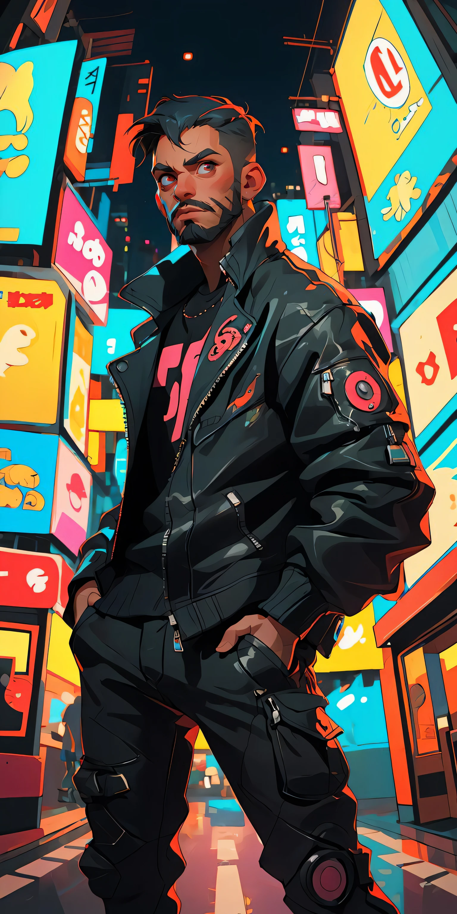 (masterpiece, best quality), 1boy, muscular, beard, cyberpunk, (blurry, bokeh, fisheye lens), night, looking at viewer, contrast, contrapposto, neon oversized jacket,