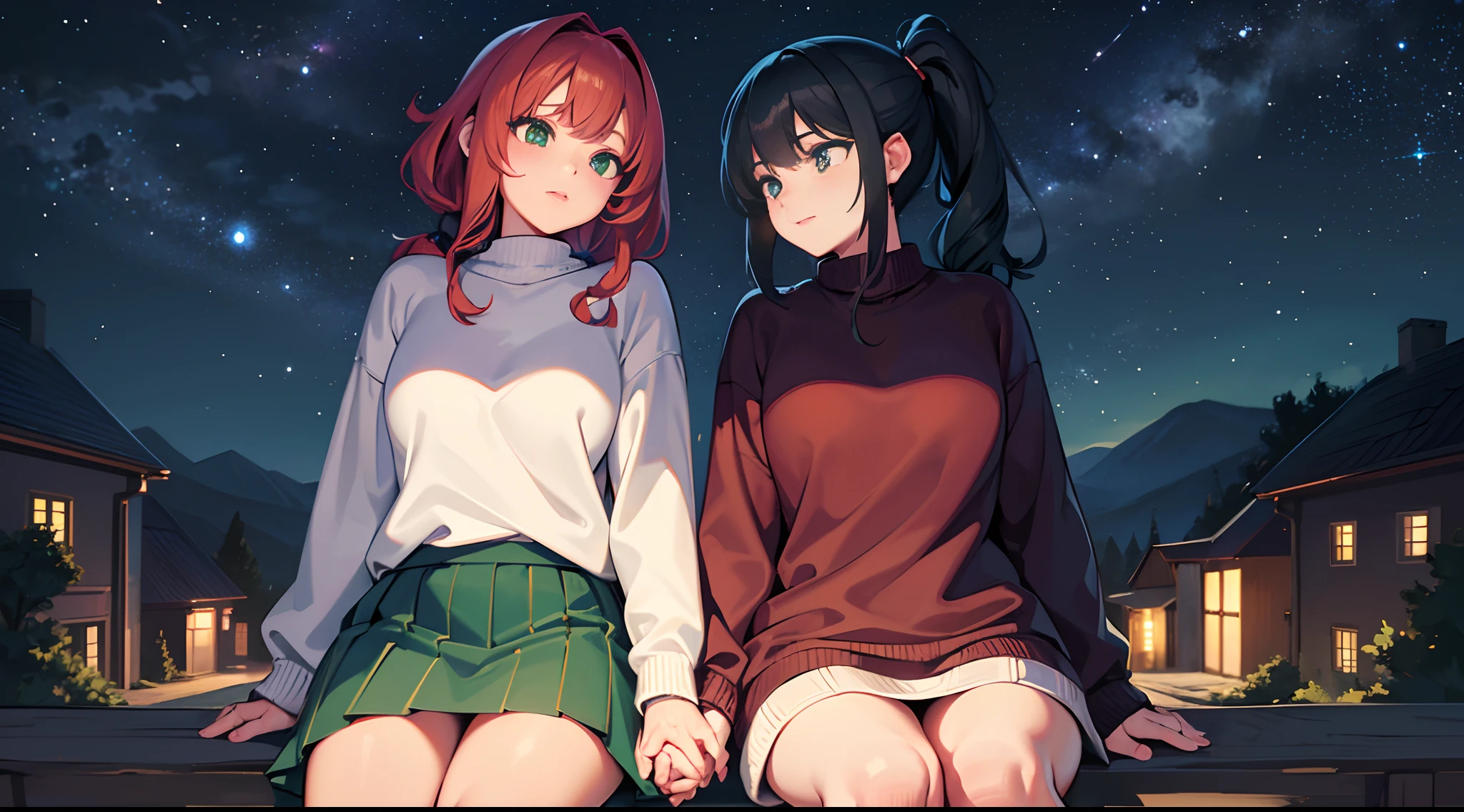 masterpiece, lots of detail, 4k, 8k, ((ultra-detailed)), highres, soft lighting, 2girls, sweater, outside, night, stargazing, stars, holding hands, {red hair|green hair|black hair|blue hair}, {ponytail|short hair|long hair|curly hair}