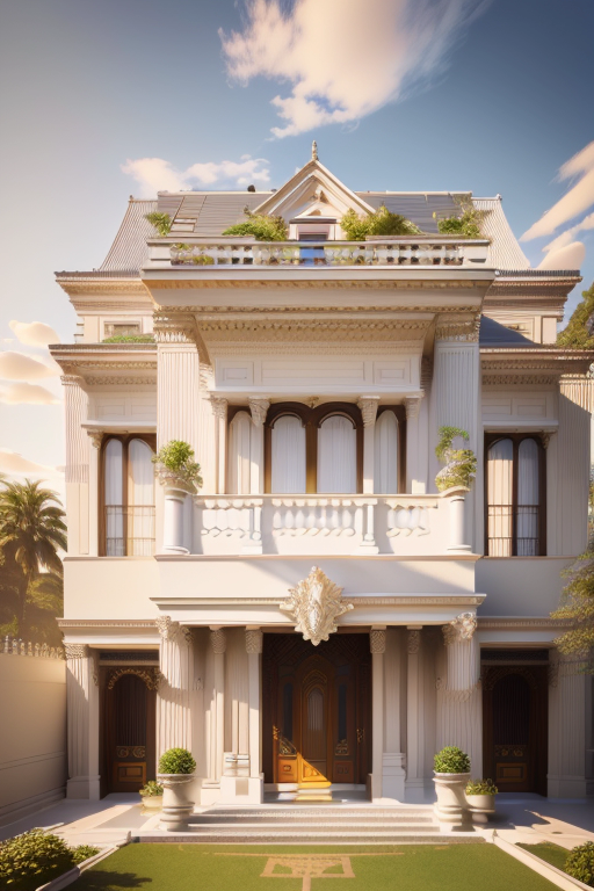 arafed house with a balcony and a balcony with a balcony, exterior design, neo - classical style, neo - classical, neo-classical, classicism style, in style of ultra realistic, highly detailed render, elegant render, neoclassical style, beautifully detailed render, luxcore render, highly detailed illustration.”, high quality rendering, majestic masterpiece, elegant architecture