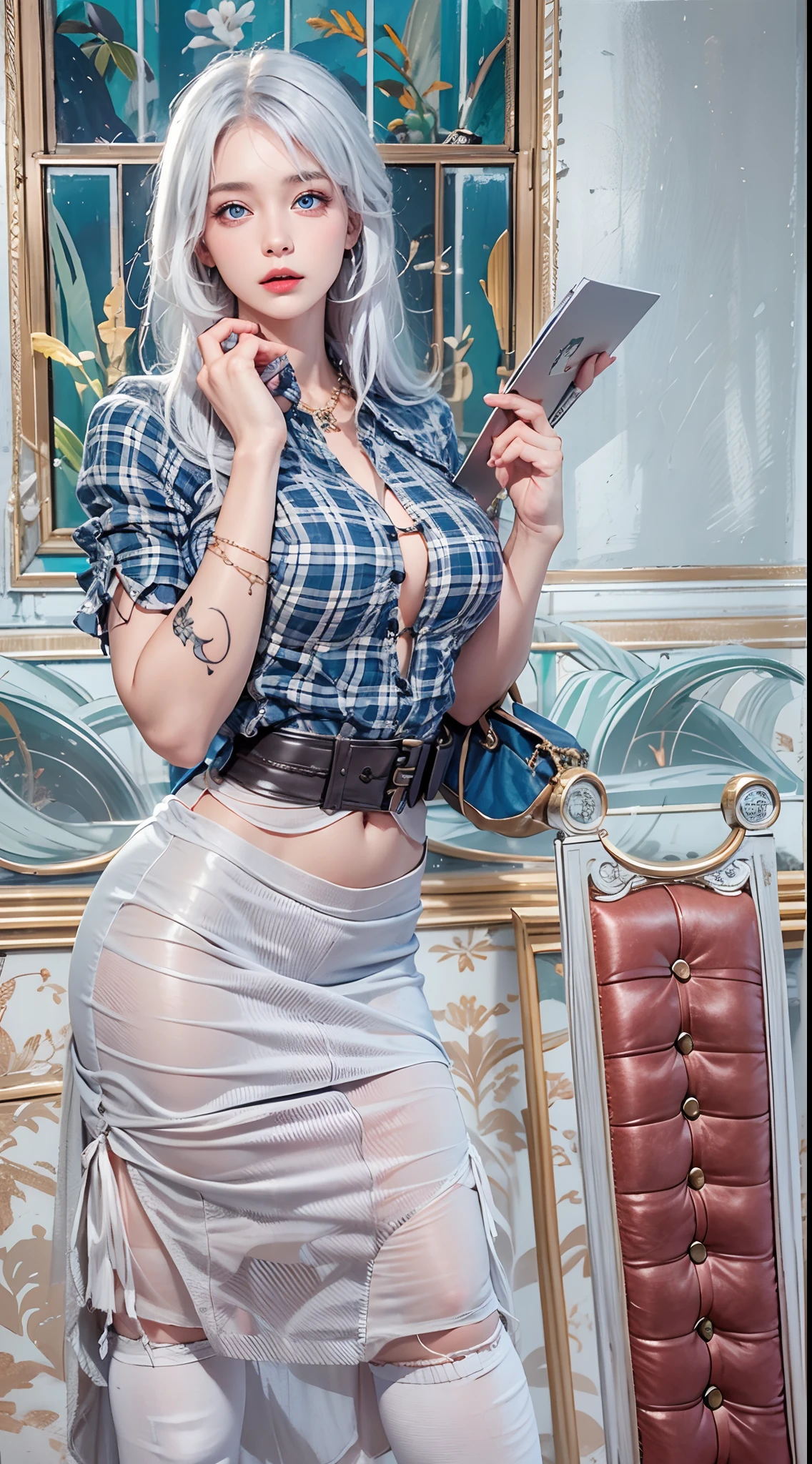photorealistic, high resolution, soft lights, 1women, 25 years old, solo, hips up, blue eyes, white hair, long hair, secretary costume, shirt, skirt, hips up, jewelry, tattoo, huge breasts