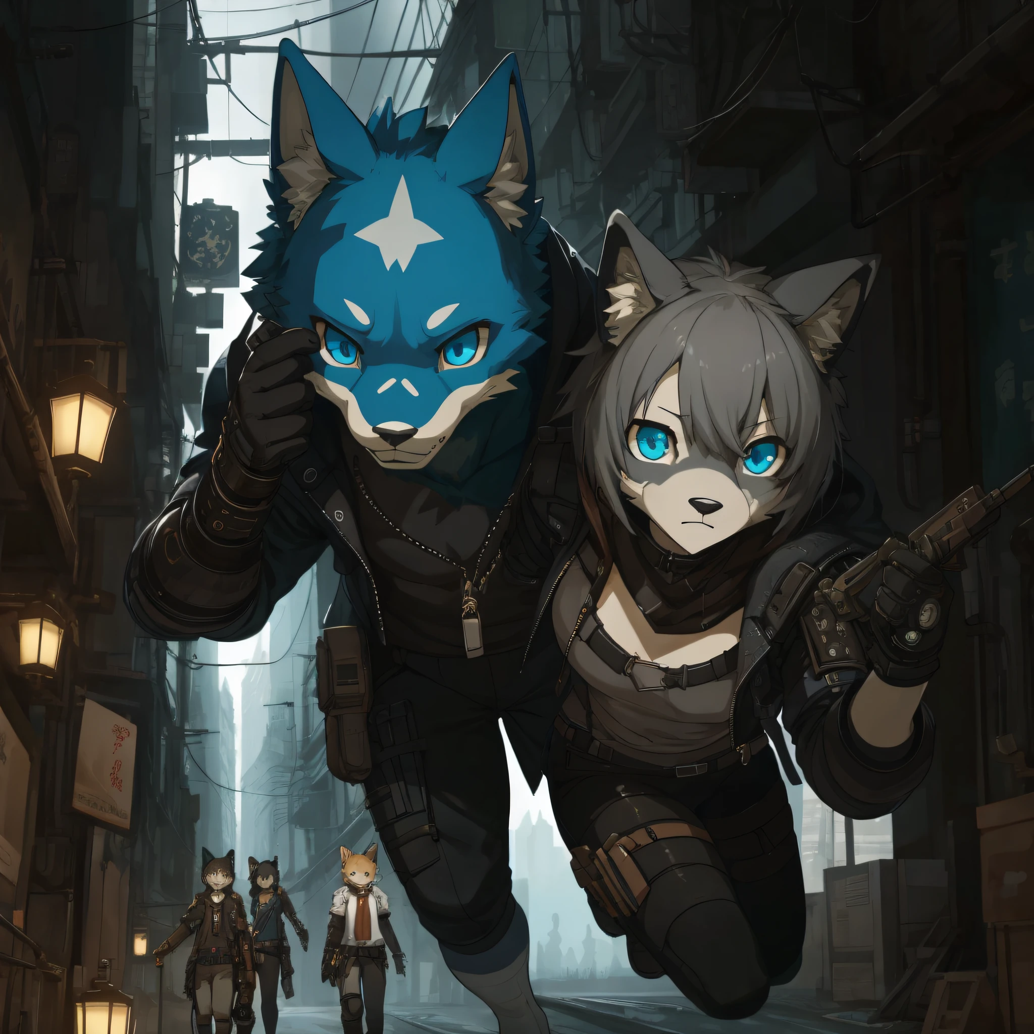 of the highest quality, Best Quality, High-quality illustrations, masutepiece, 超A high resolution, Detailed background, Dark Fantasy, Cyberpunk, steampunc, 6+Boys, 6+Girls, absurderes(very detailed beautiful face and eyes)Perfect Anatomy, expression, good lighting, cinematic shadow(けもの, furry anthro)Poses variadas, Dynamic Angle,
