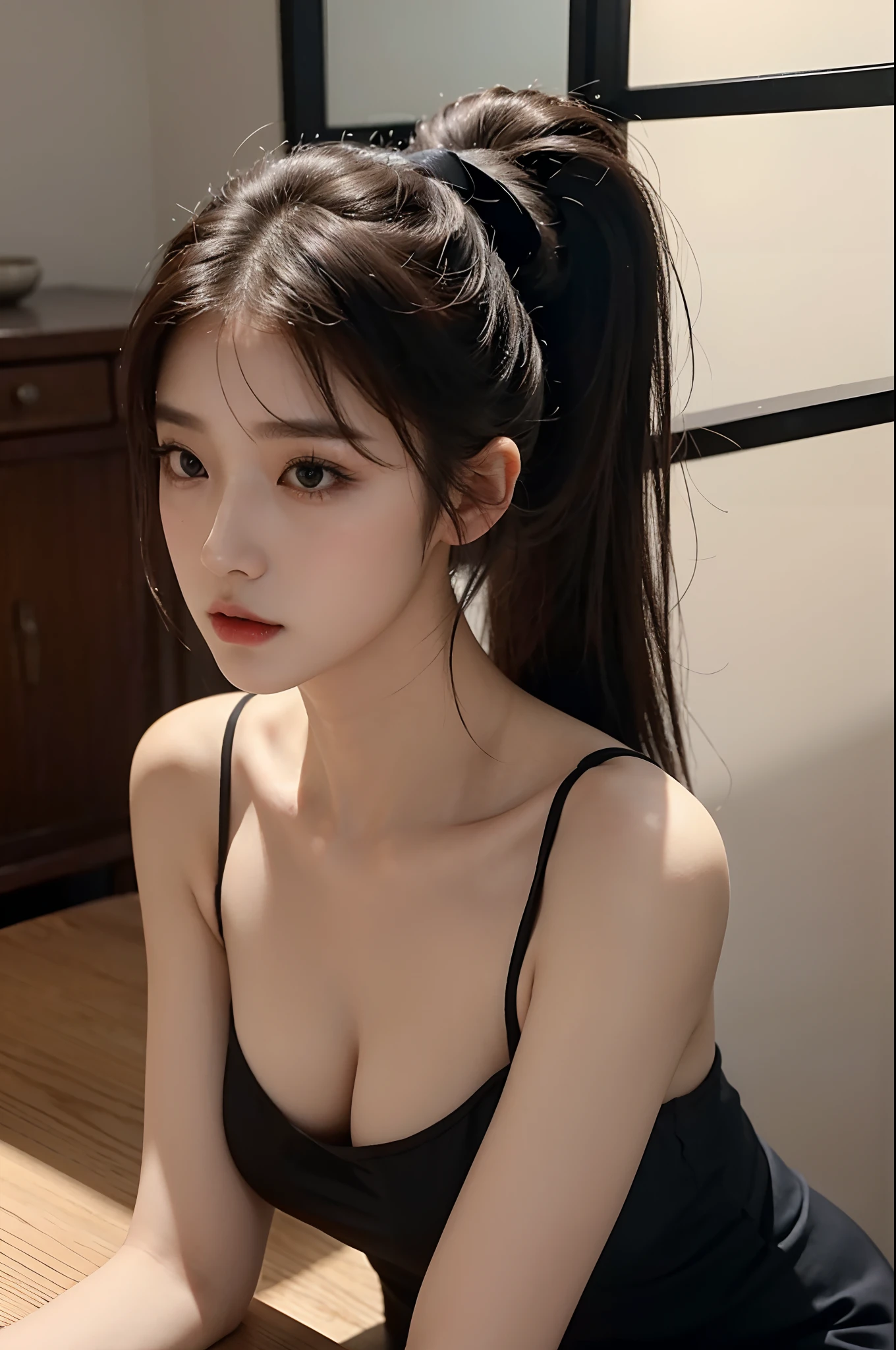 1girl, 175cm,korean kpop idol and model ,23 years old,soft body, ,close-up, 8k, RAW photo, best quality, masterpiece,realistic, photo-realistic,seductive,cute,A beautiful woman in a black see through dress，the breasts are large，Liuhai hairstyle，Ponytail hairstyle, sit on a table
