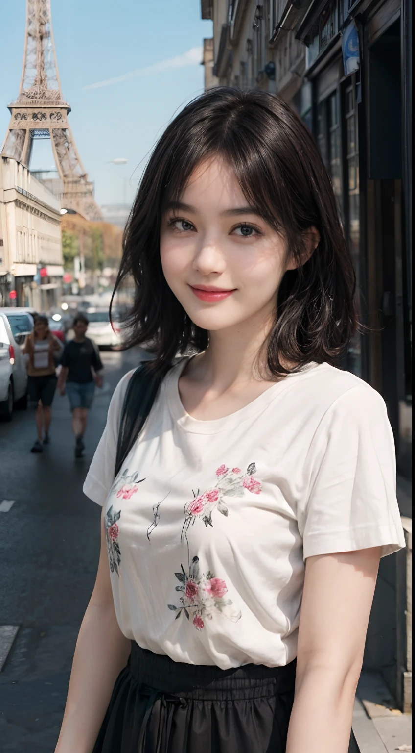 (((Black Shorthair))), (Wearing a T-shirt2a person), (T-shirt design), (Floral clothing), (Breast bulge),((Standing in a tourist spot in Paris)), (A hyper-realistic), (Relaxed), (Increased resolution), (8KUHD), (Extremely detailed), (Best Illustration), (Beautiful and detailed eyes), (Best Quality), (ultra-detailliert), (masutepiece ), ( Wallpaper), (Detailed face), Fine details, Deep Shadows, lowkey, Smiling