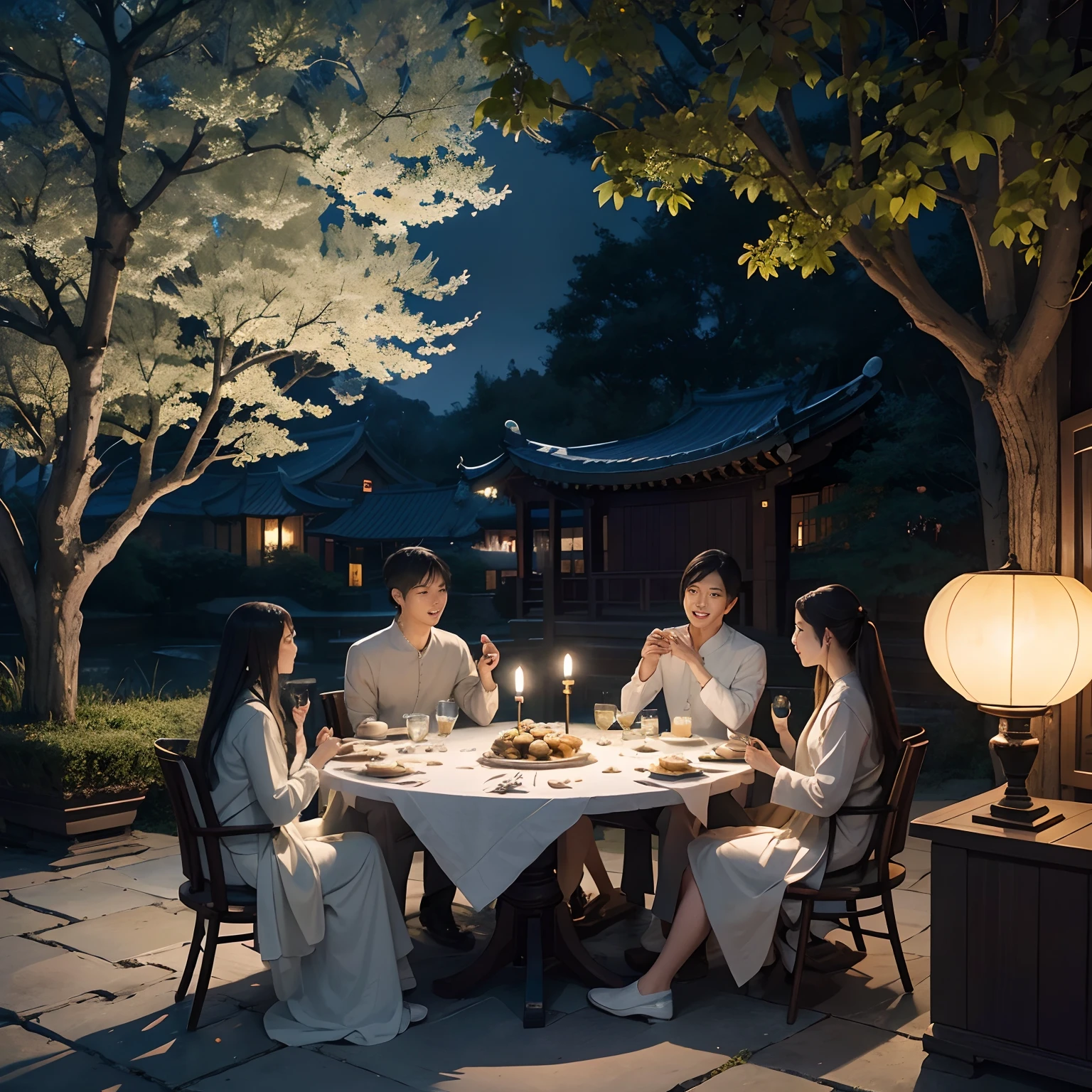 Mid-autumn night,The sky is washing,The full moon is like a disk。The family gathers in the courtyard,Enjoy the breeze,Moonlight is like water。The table is covered with a variety of delicacies and exquisite mooncakes,A faint scent of osmanthus fills the air。Everyone laughed a lot,It conveys warmth and joy。under moonlight,The ancient ginkgo tree seemed to be coated with a layer of silver light,Listen quietly to the psalms of the moonlit night。At the moment,The mind is bathed in tranquility and harmony,Feel the tranquility of the years。