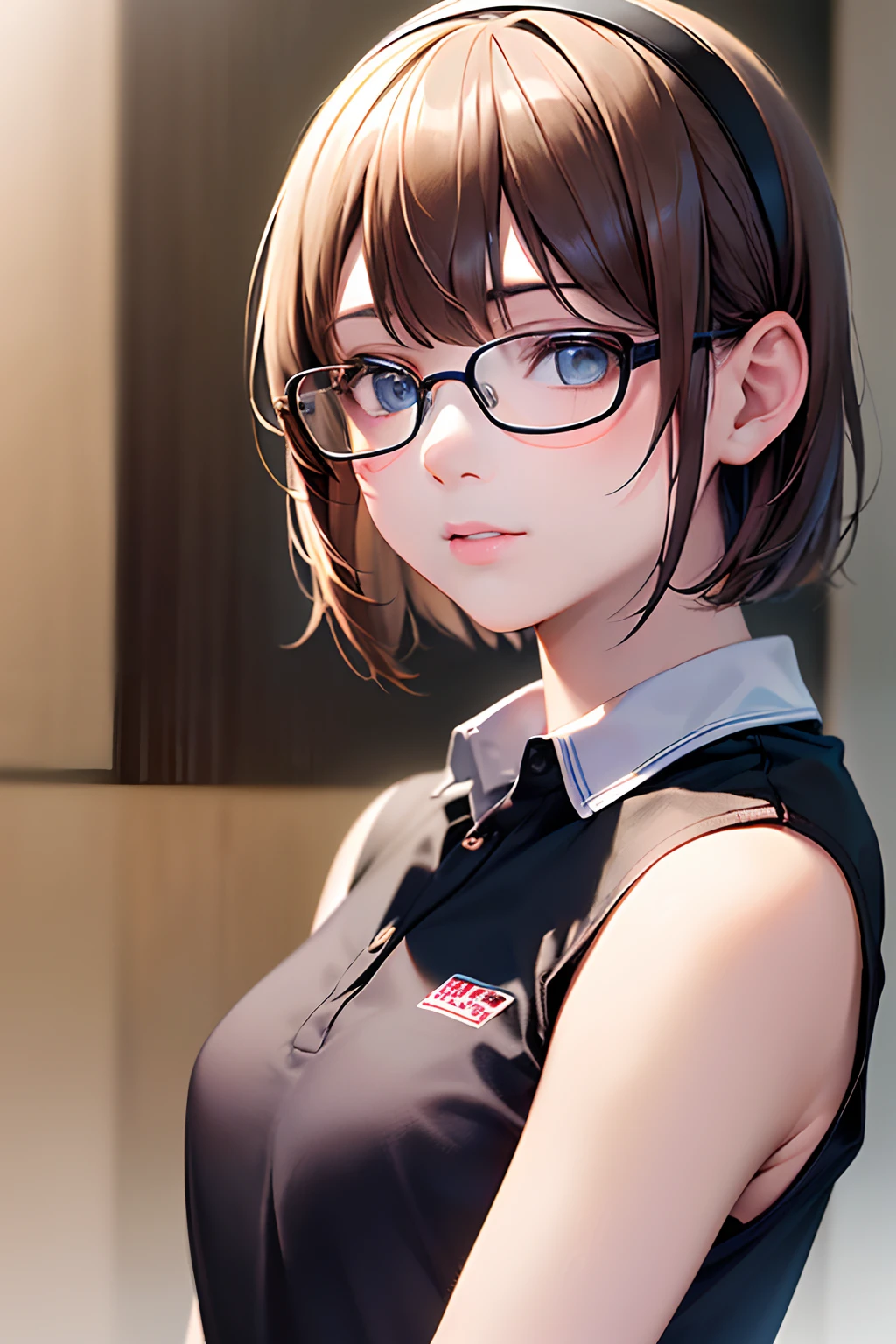 (best quality, master, 16-year-old1girl, cute face, beautiful detailed eyes, straight short bob hair, hairband, thin brown eyes, black glasses, (droopy eyes), white short-sleeved polo shirt, checkered skirt, small breasts), highres, ultra-detailed, realistic, vivid colors, portrait, professional lighting