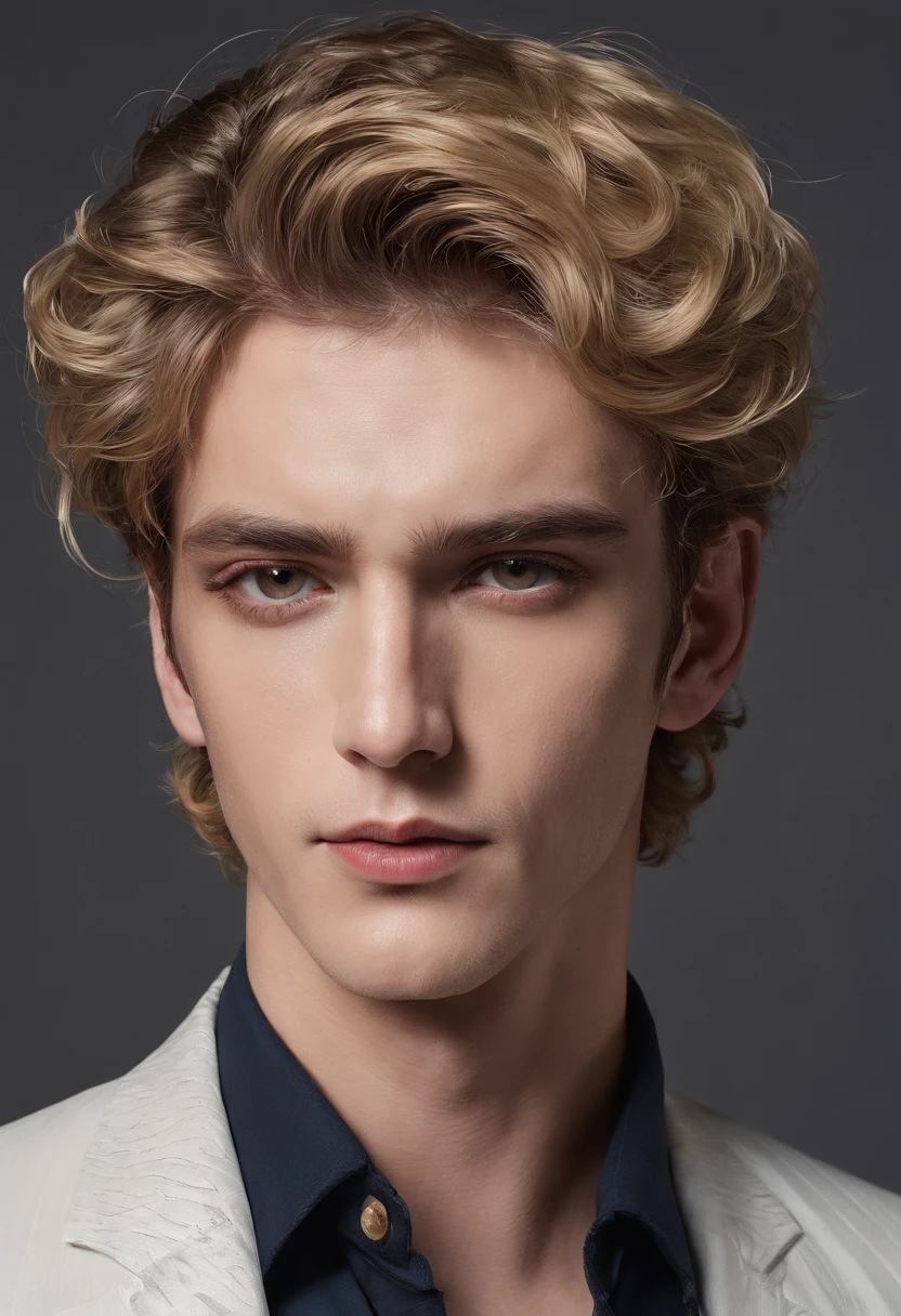 good looking 24 years old, male, blond brown curly hair, detailed and intricate, candid celebrity shots, exotic, revealing, appealing, attractive, hyper-realistic, super detailed, popular on instagram - Immerse yourself in sensual shadows that highlights striking eyes and short brown hair with blond highlights. The mastery of light and shadow adds depth to its masculine aspect in this dramatic composition... Captured with a Fujifilm GFX 100S and a Fujinon GF 63mm f/2.Objectif 8 R WR --ar 9:16 --s 350 --c 10 --style brut