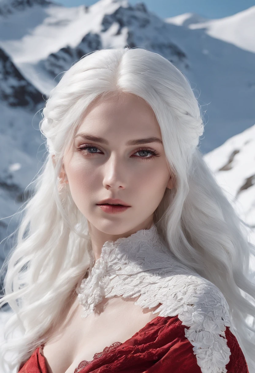 white hair, hair over shoulder, very long hair, partially underwater shot, zoom layer, projected inset, masterpiece, anatomically correct, super detail, textured skin, high details, high quality, best quality, 8k,Magnificent snowscape under the residual sun,Woman in red costume back camp,Woman looking up at snowy mountains in the snow,Beautiful,dreariness