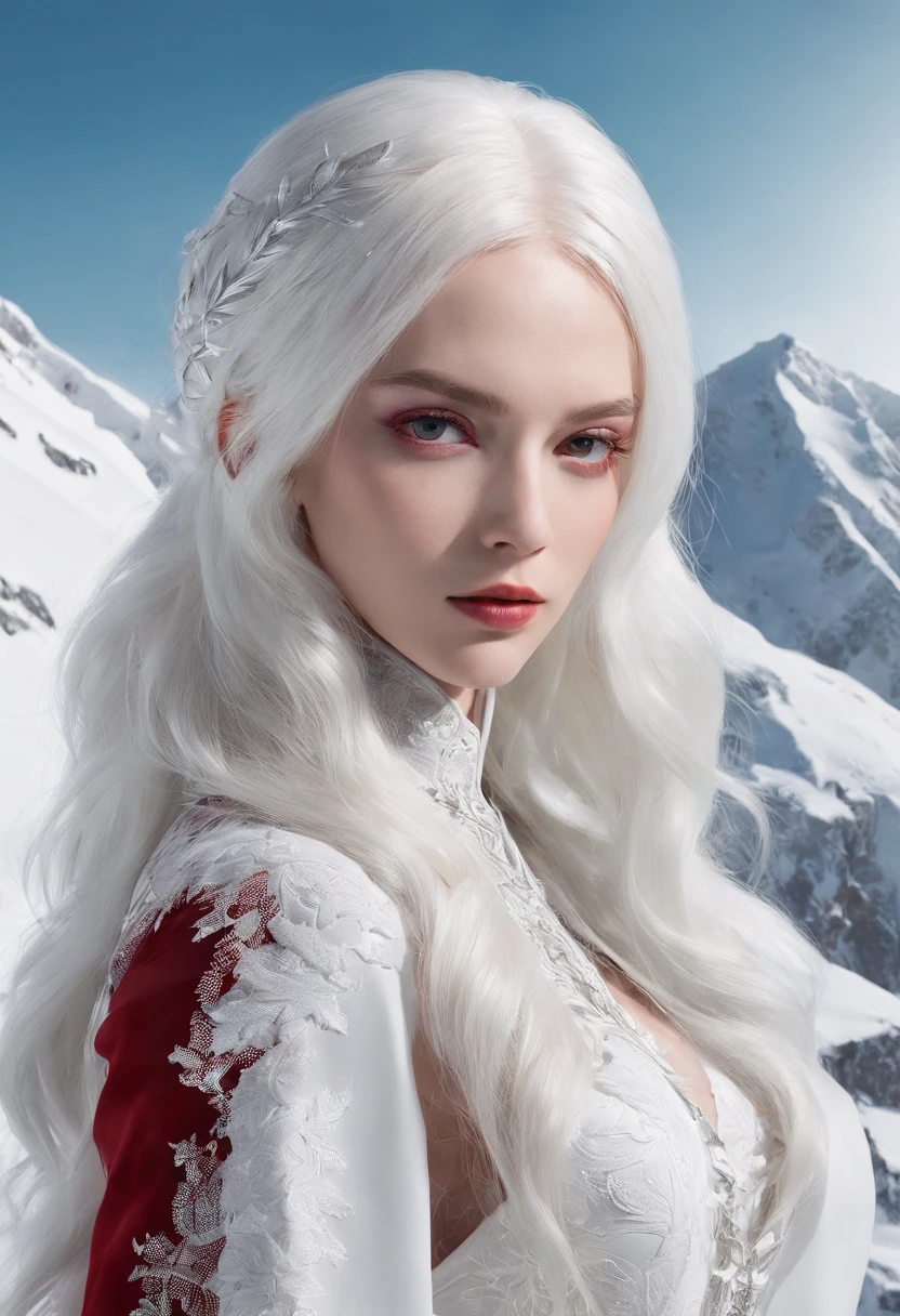 white hair, hair over shoulder, very long hair, partially underwater shot, zoom layer, projected inset, masterpiece, anatomically correct, super detail, textured skin, high details, high quality, best quality, 8k,Magnificent snowscape under the residual sun,Woman in red costume back camp,Woman looking up at snowy mountains in the snow,Beautiful,dreariness