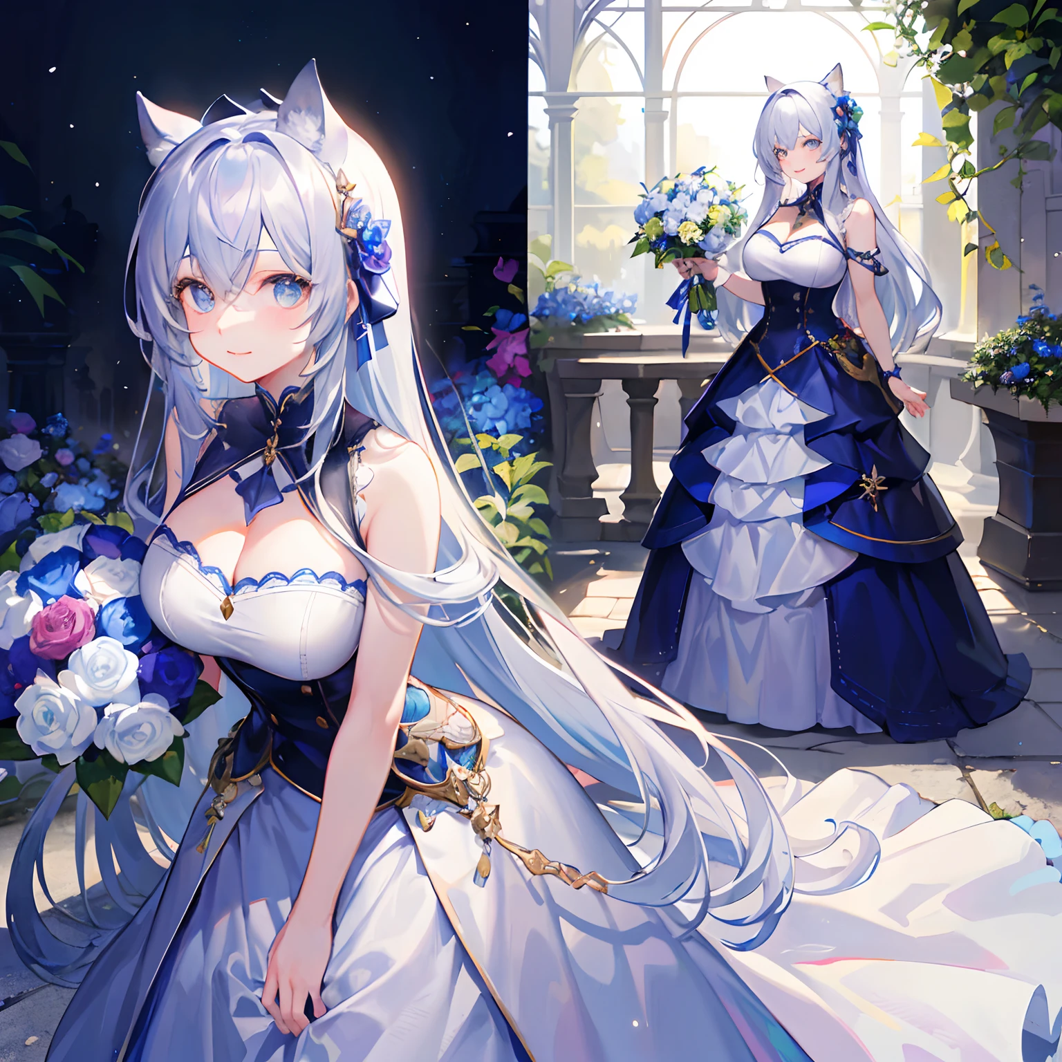 (tmasterpiece、top-quality、illustratio、Extremely high quality、high-level image quality、Extremely sensitive writing)Girl with long silver hair standing in beautiful flowery garden、A slight smile、beast ear，standing on your feet，full bodyesbian，She has a large bouquet、Lovely dress，There are ruffles on the shoulders、Frontal photo