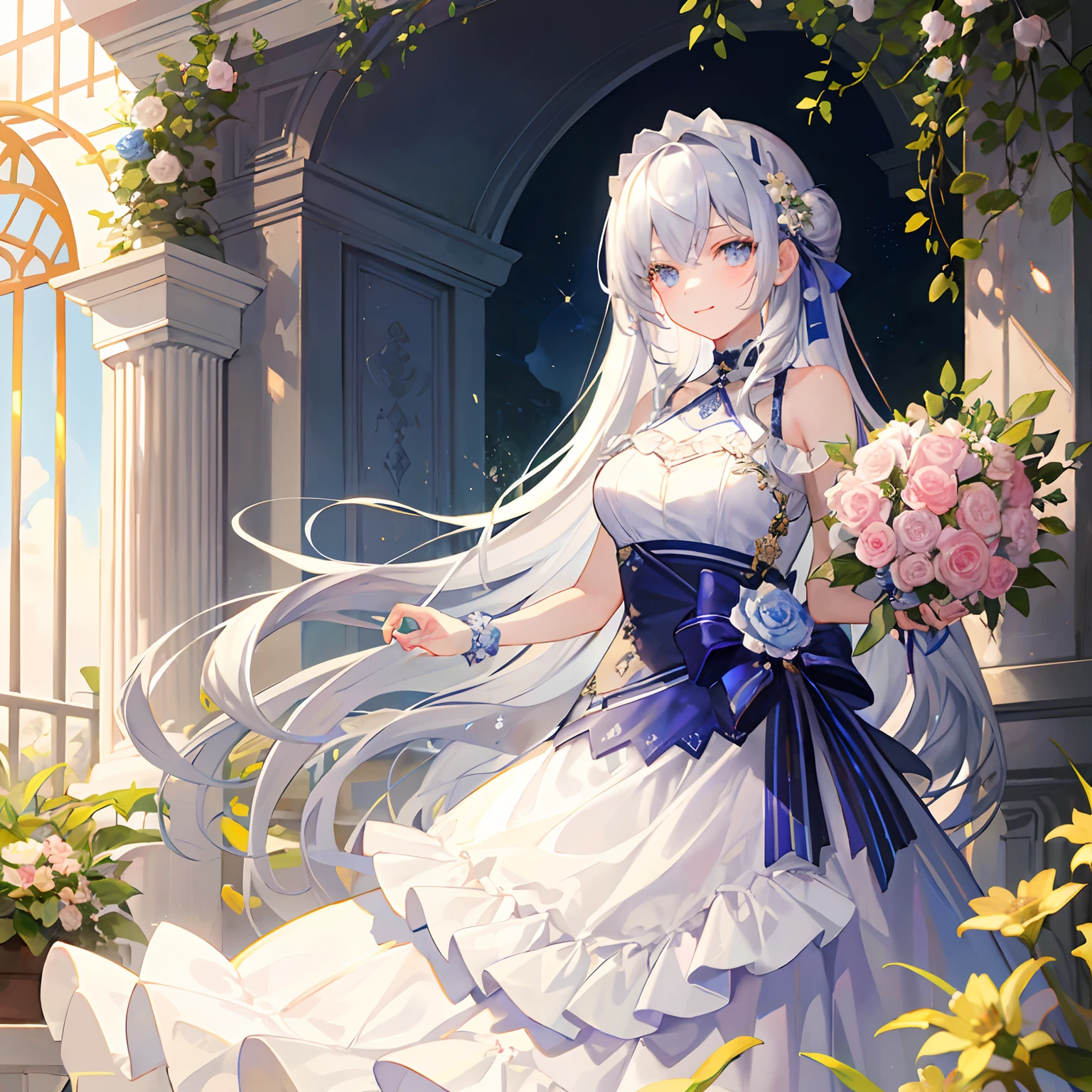 (tmasterpiece、top-quality、illustratio、Extremely high quality、high-level image quality、Extremely sensitive writing)Girl with long silver hair standing in beautiful flowery garden、A slight smile、beast ear,standing on your feet,full bodyesbian,She has a large bouquet、Lovely dress,There are ruffles on the shoulders、Frontal photo