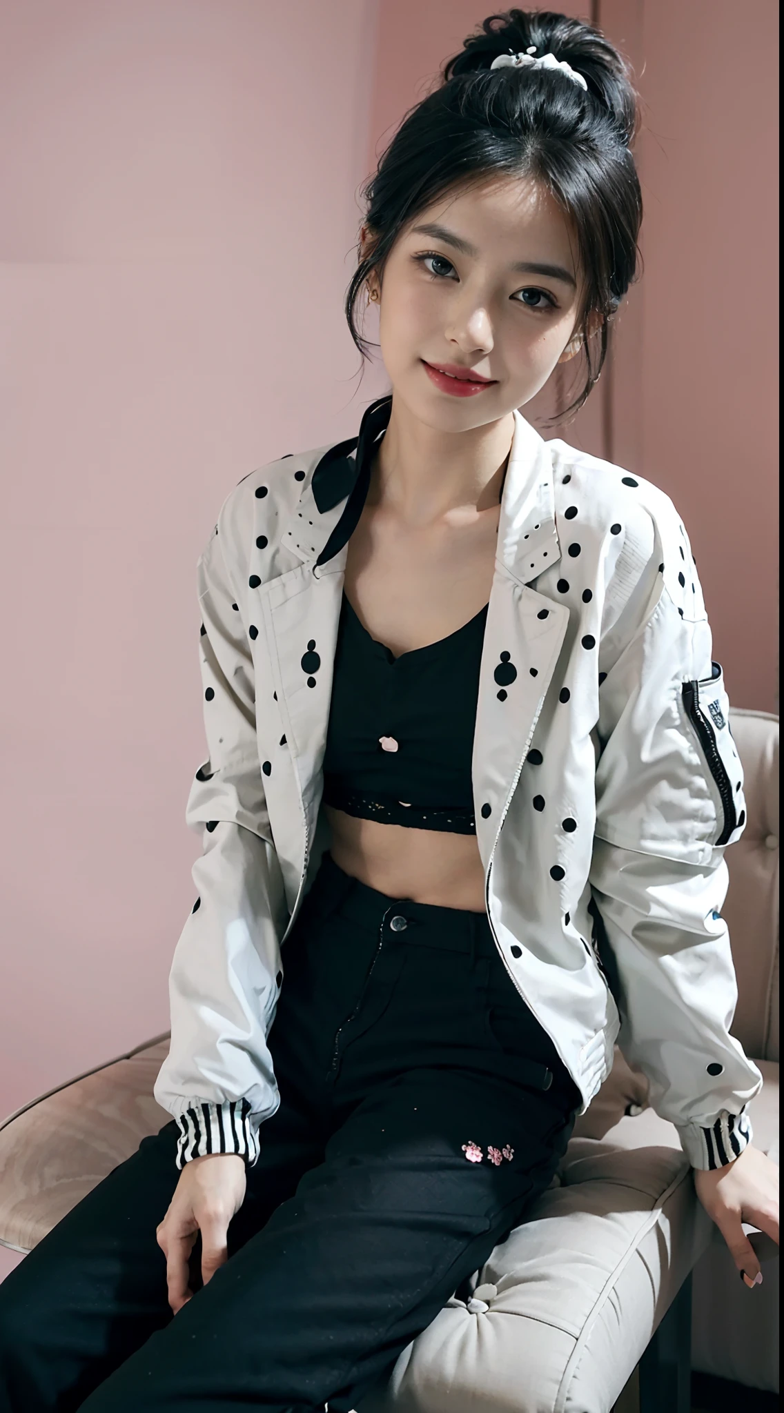 (shoulder-length straight short hair: 1.2),Upper body, （Extremely meticulous CG 8k wallpaper），（Extremely refined and beautiful），（Masterpiece），（best qualtiy:1.0），（Ultra High Resolution:1.0），beautiful light up，Perfect lightning，realistic shaded，[A high resolution]，Smooth and flawless fair skin，Extremely exquisite facial details，ultra - detailed，A  girl，small head，Smile，cheerfulness,Summer，afternoon，Close Shot，at home，In living room,pink red background，(Sitting on a chair next to a mahjong table:1.3),（A very detailed mahjong table:1.3）,Playing Mahjong,(enjoying a comfortable and intoxicated expression,small face,(perfect body:1.1）,small breasts，flat chest,slim,thin,Charming collarbone，flowers,sideways,Short ponytail, (fashionable black and white jacket:1.5), no bra,(black long Tattered pants with holes:1.4), black military boots