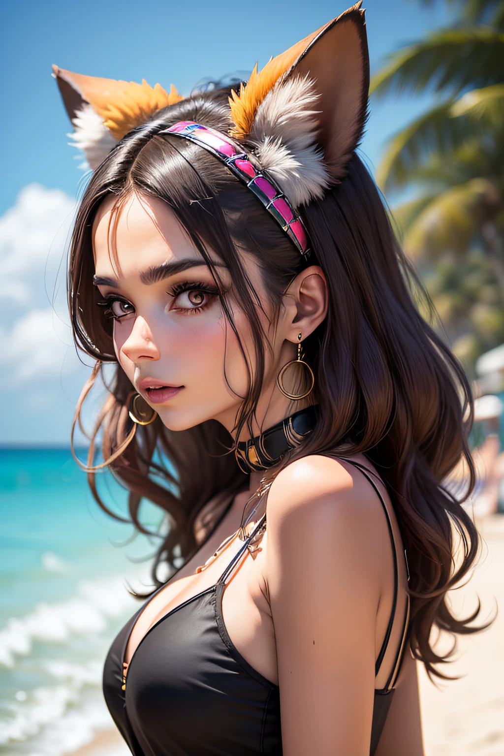 Groovy Spanish 40 year old female raccoon face and ears, with human body, 3/4 profile portrait woman from Spain, modern fashionable style. crazy wild 2023 accessories. etc. blurry summer beach fun background