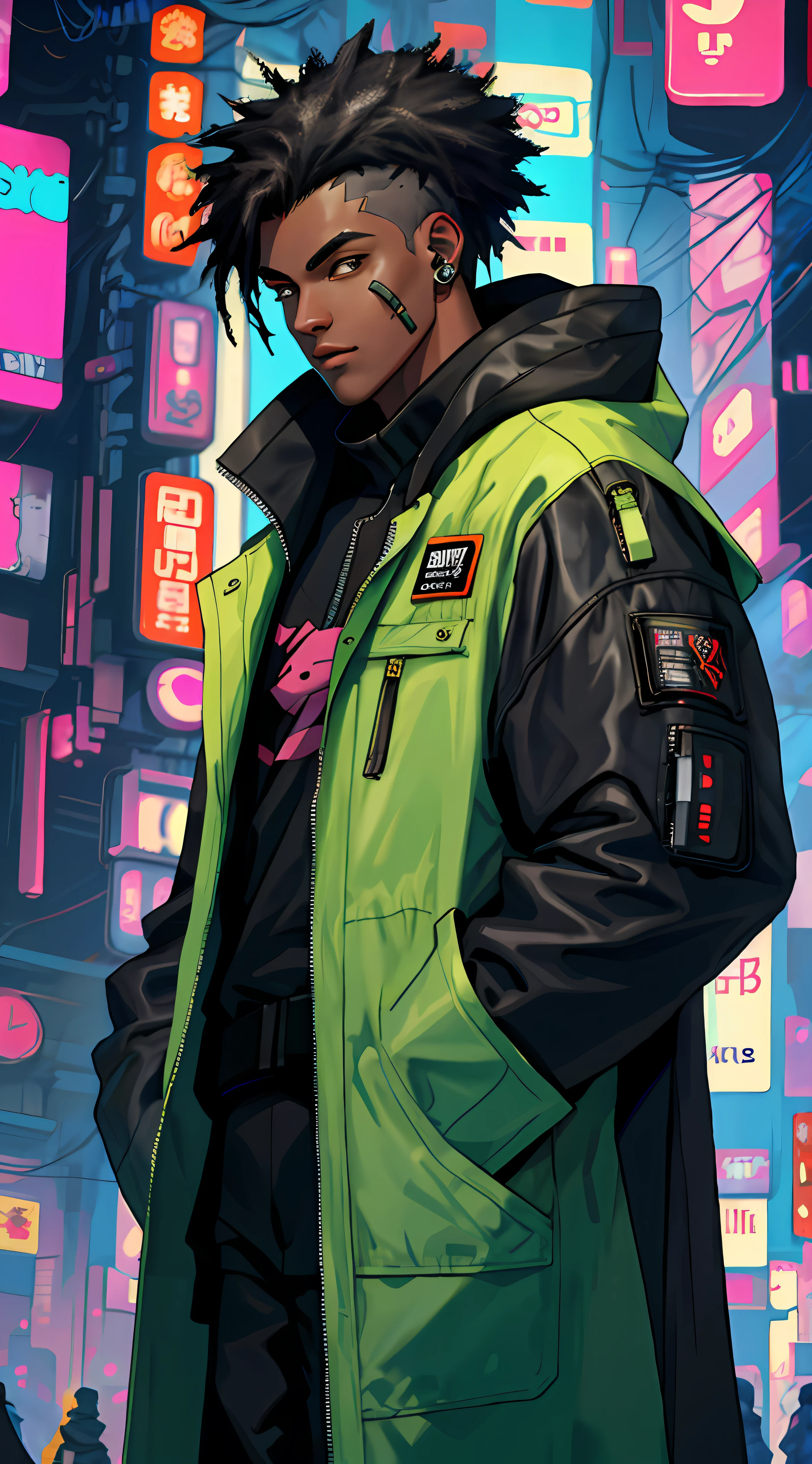 1boy, black skin, cyberpunk details, coat, cartoon