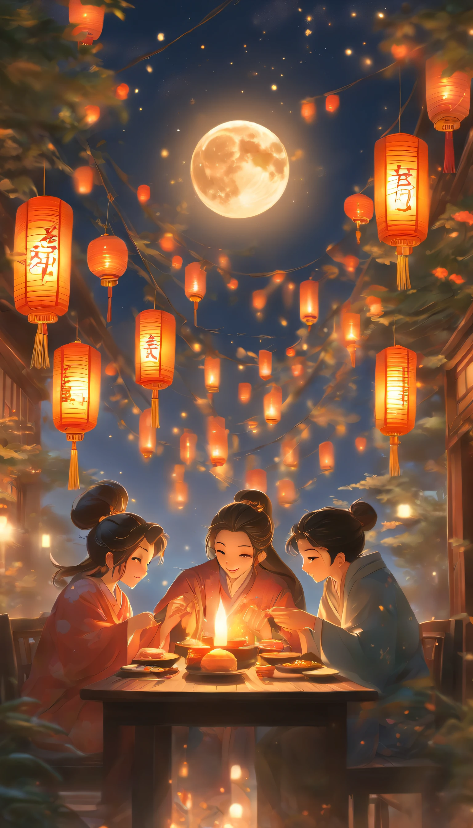 The family sits together, Enjoy a festive dinner, Surrounded by a warm and comfortable atmosphere. The room was beautifully decorated,Equipped with lanterns, Symbolizes the joy of the Mid-Autumn Festival. The table is filled with a variety of delicacies, Includes traditional mooncakes. Moonlight shone through the windows, Cast a soft glow on everyone's face. The family laughed and chatted, Express their love and happiness on this special occasion. The artwork is created with the finest materials, Such as oil painting or high-resolution digital rendering, Ensure the highest quality and detail. The colors are vivid and vibrant, Create visually stunning representations for holiday celebrations. Well-designed lighting, Focus on capturing the warm and tranquil atmosphere of the evening. The artwork is a masterpiece, With ultra-fine elements and realism, Photorealistic style. The moon in the night sky is depicted as a perfect circle, Represents the full moon of the Mid-Autumn Festival. The scene was full of fun, Love, and togetherness, Capture the essence of the festival.You can see the round moon hanging high