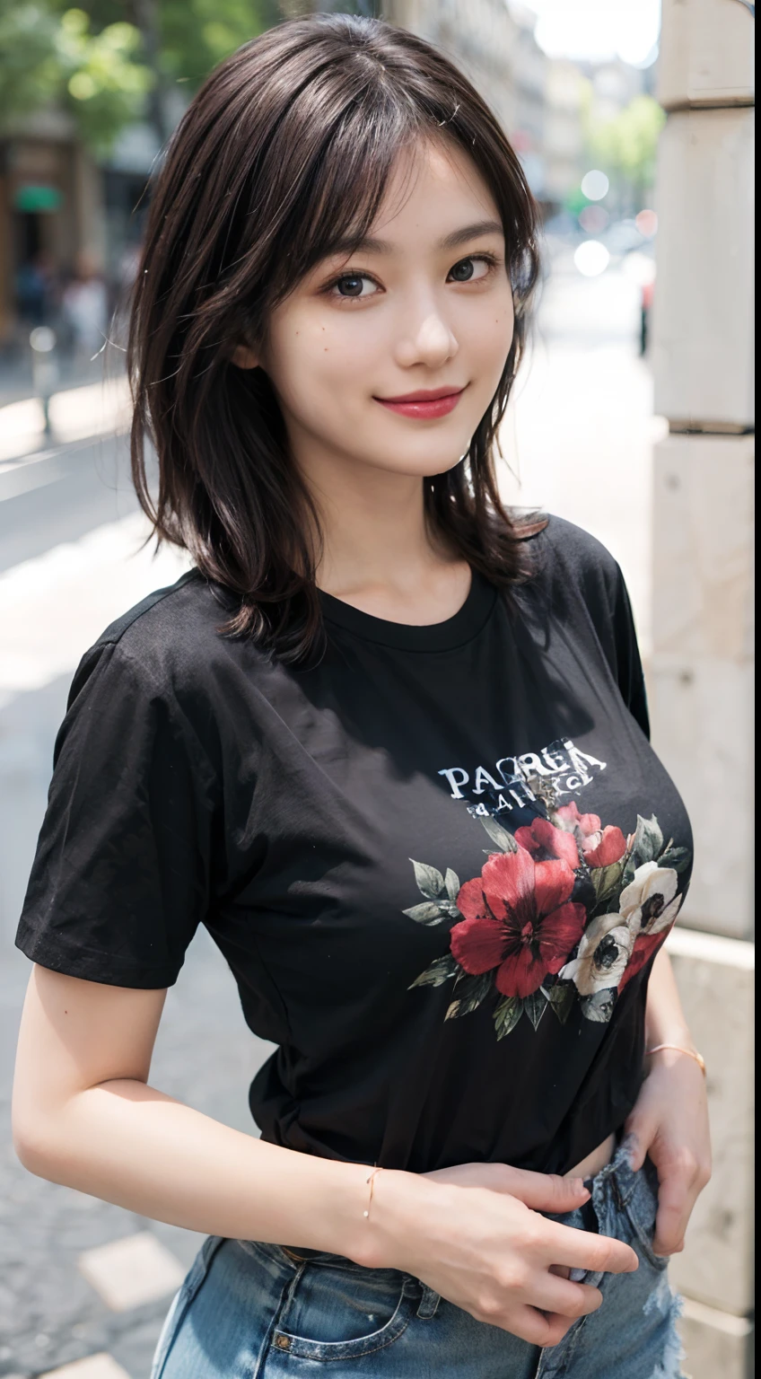 (((Black Shorthair))),  (Wearing a T-shirt２a person), (T-shirt design), (Floral clothing), (Breast bulge),((Standing in a tourist spot in Paris)),  (A hyper-realistic), (Relaxed), (Increased resolution), (8KUHD), (Extremely detailed), (Best Illustration), (Beautiful and detailed eyes), (Best Quality), (ultra-detailliert), (masutepiece ), ( Wallpaper), (Detailed face), Fine details,  Deep Shadows, lowkey,  Smiling