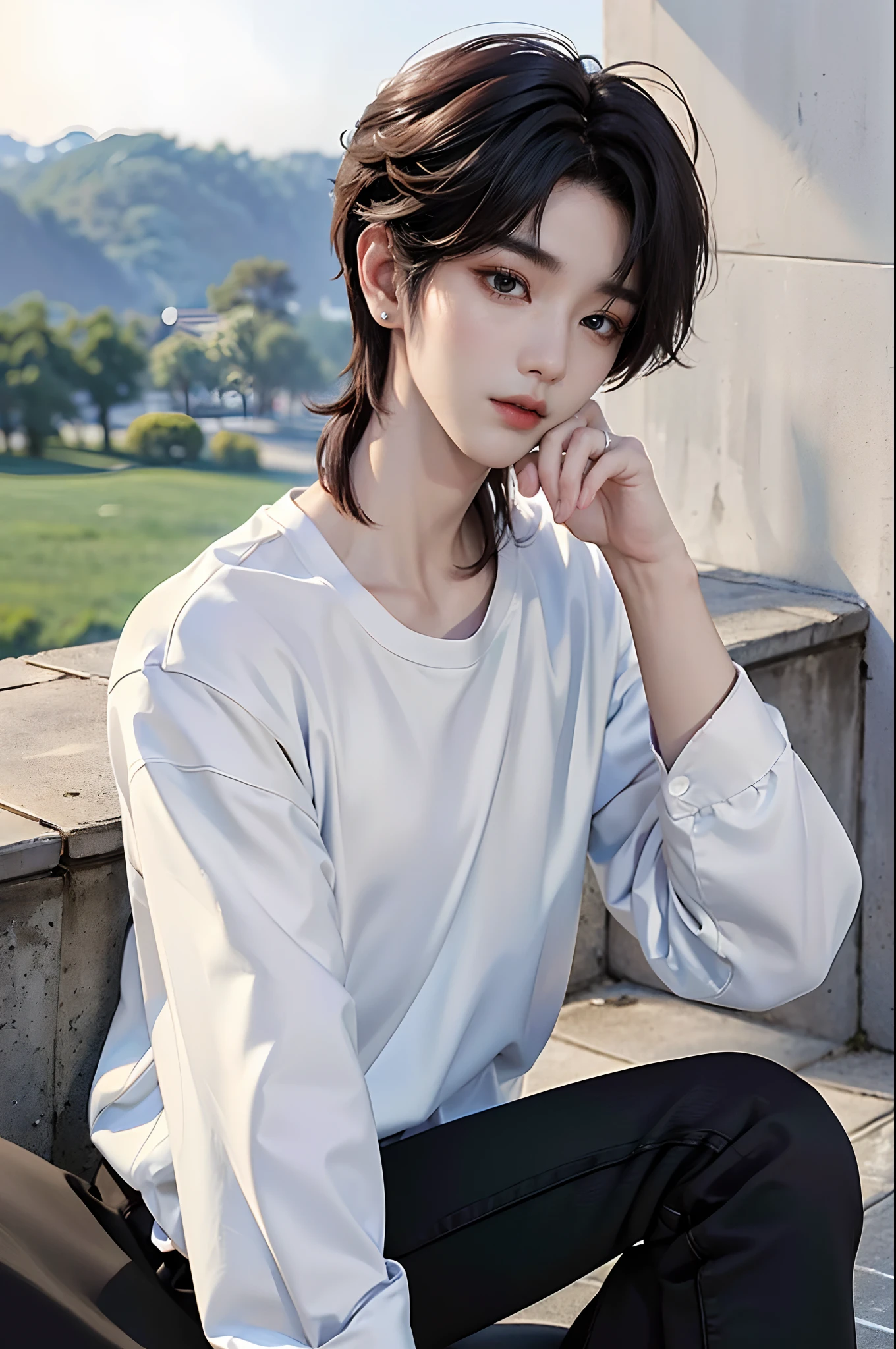 masterpiece、(top-quality)、((high-level image quality))、One Manly Boy、Slim body、((White Y-shirt and long black pants))、(Detailed beautiful eyes)、Stylish home room、Sit with your back to the wall、Face similar to Chaewon in Ruseraphim、((short hair above the ears))、((Smaller face))、((Neutral face))、((Light brown eyes))、((Korean boy))、((18year old))、((Handsome man))、((Wild look))、((Korean Makeup))、((elongated and sharp eyes))、((Sit next to the viewer))、((shot from a side angle))、((The upper part of the body))、((Close-range shooting))