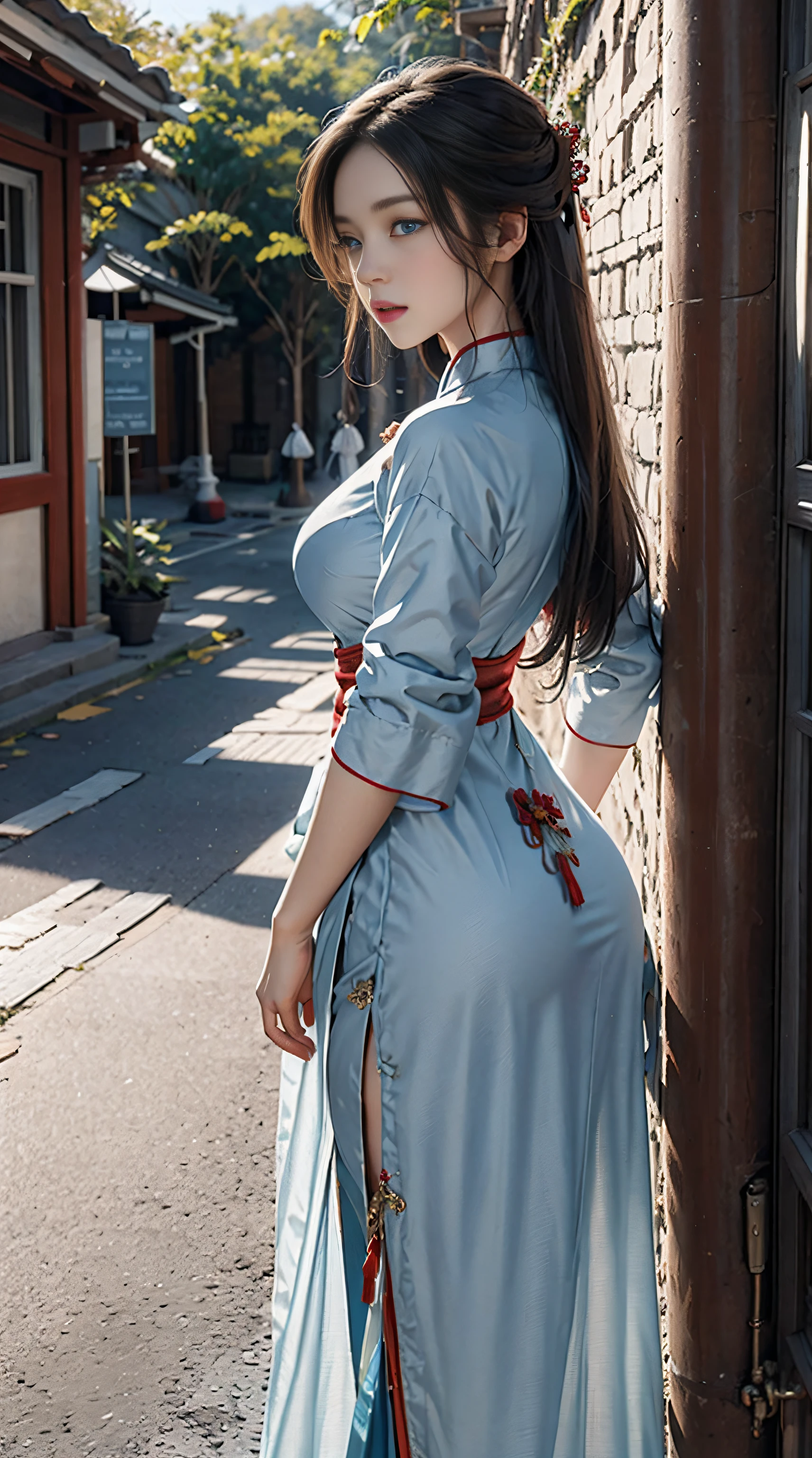 photorealistic, high resolution, soft lights, 1women, solo, hips up, (blue eyes, long hair), vietnamese traditional, red aodai, back view