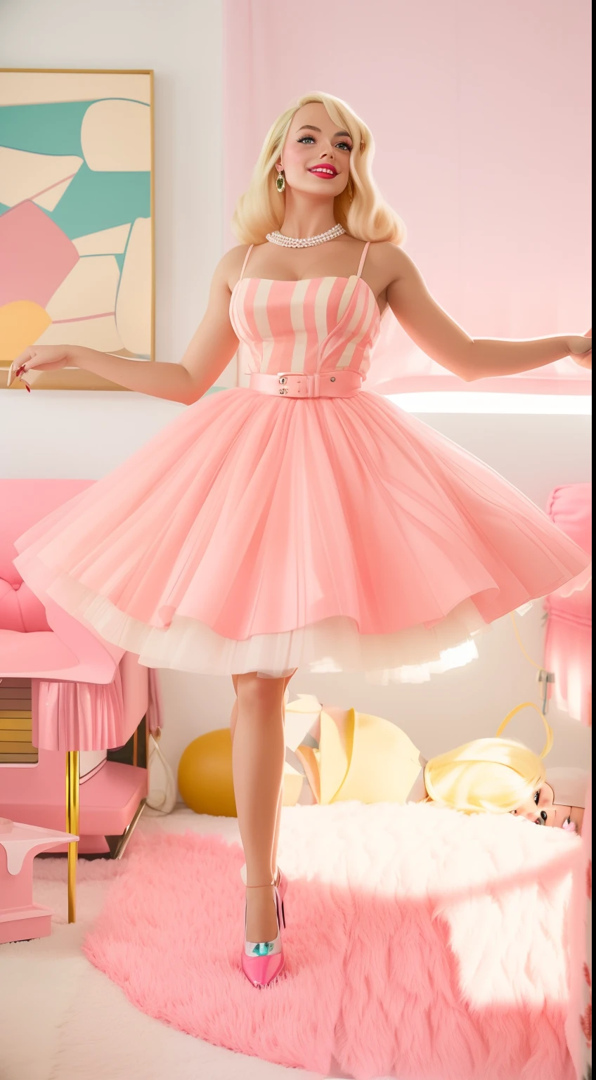 Mulher loira loira em um vestido rosa xadrez levitando em uma cama, Estilo 5 0 s, Estilo anos 50, Vibes dos anos 1950, inspirado por Peter Alexander Hay, 5 0 s aesthetic, estilo retro 5 0 s, Girando, 1 9 5 0 s estilo, inspirado em Bunny Yeager, Barbie, boneca Barbie, vestido com um vestido rosa, blond hair, Margot Robbie