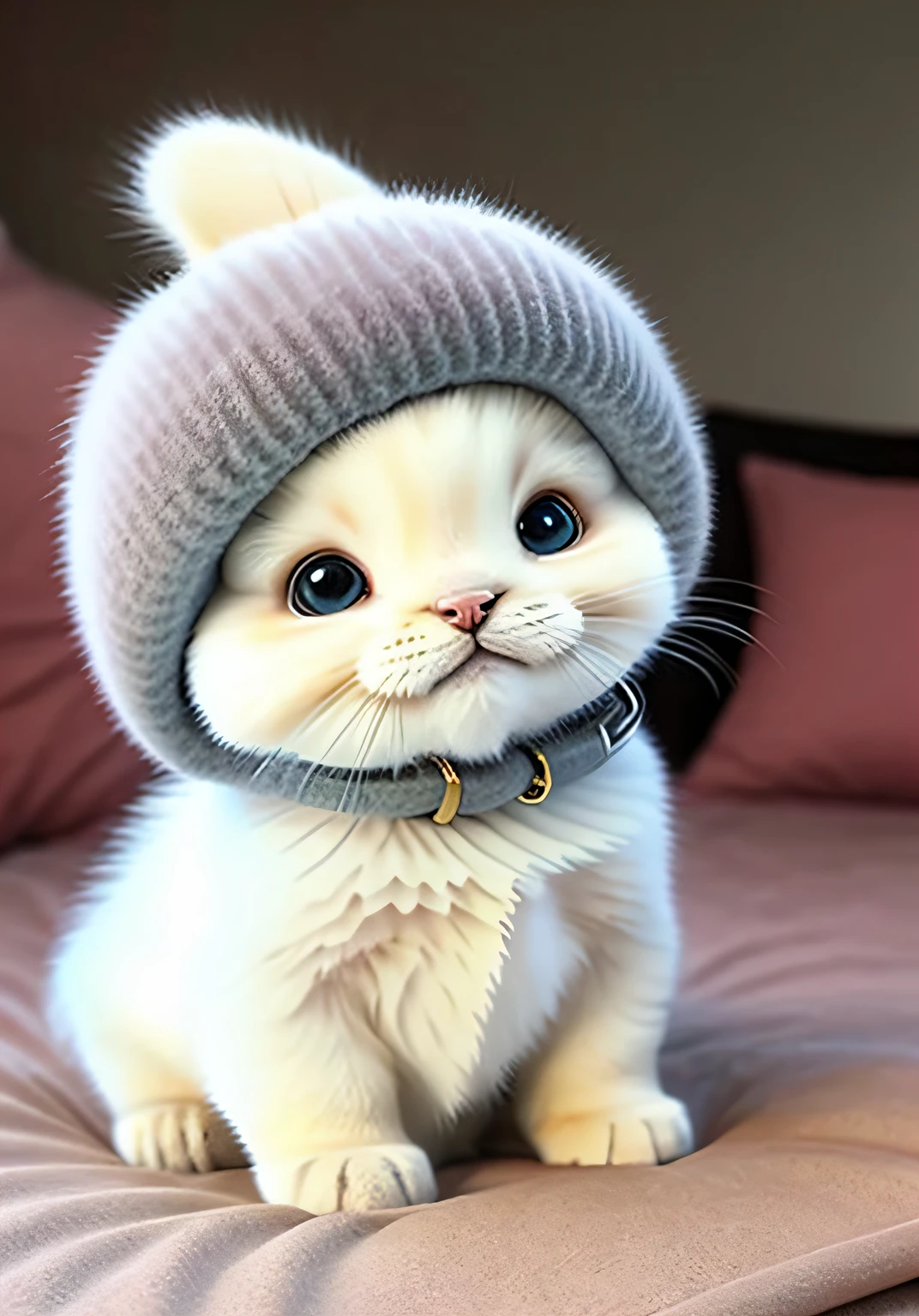 An -year-old sat the bed,A golden puppy lying on the bed,Silver gradient kitten on head